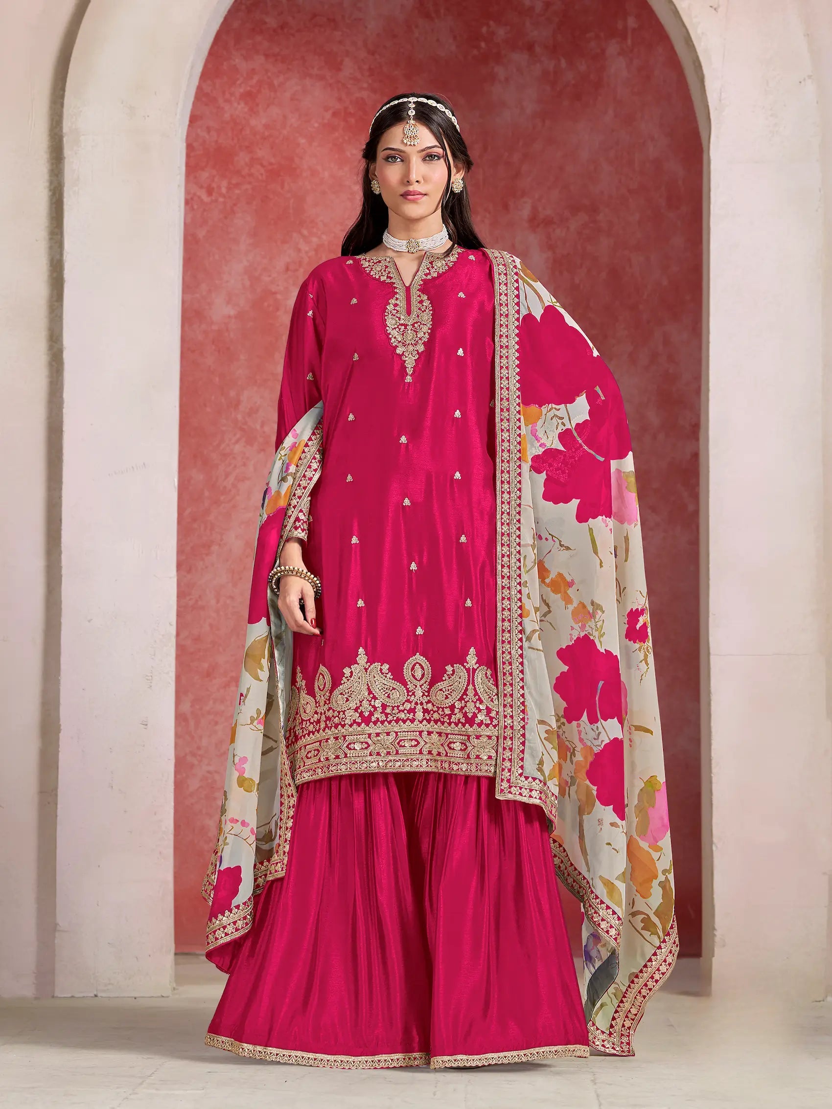 Hot Pink Chinon Embroidery Salwar suit With Organza Dupatta - qivii