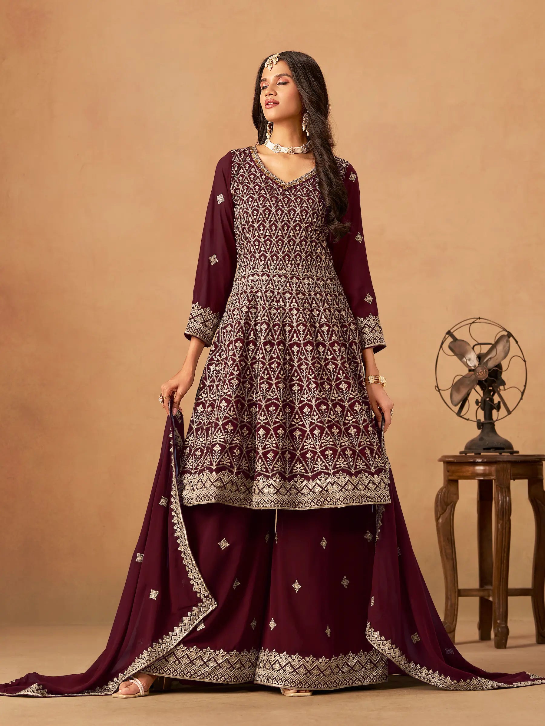 Maroon Georgette Embroidery Work Palazzo Set - qivii