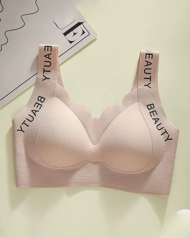 Thin Seamless Wireless Push-Up Fixed Cup Lettering Straps Bra