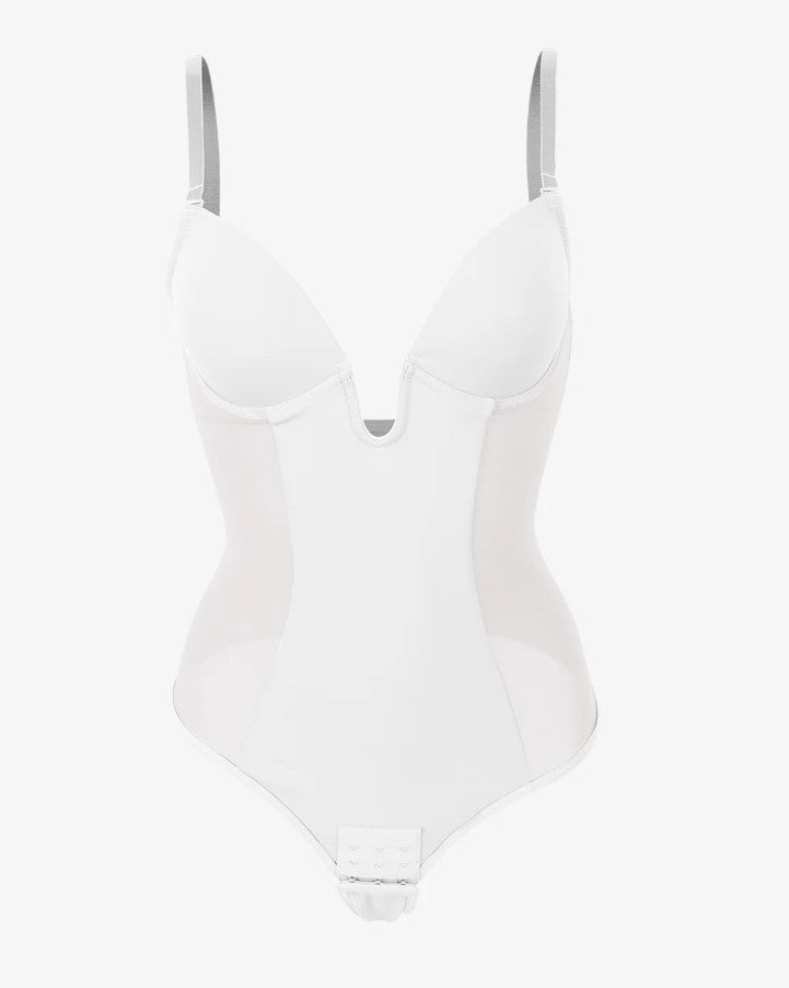 Sexy Plunge Neck Backless Mesh Panel Shapewear Thong Bodysuit