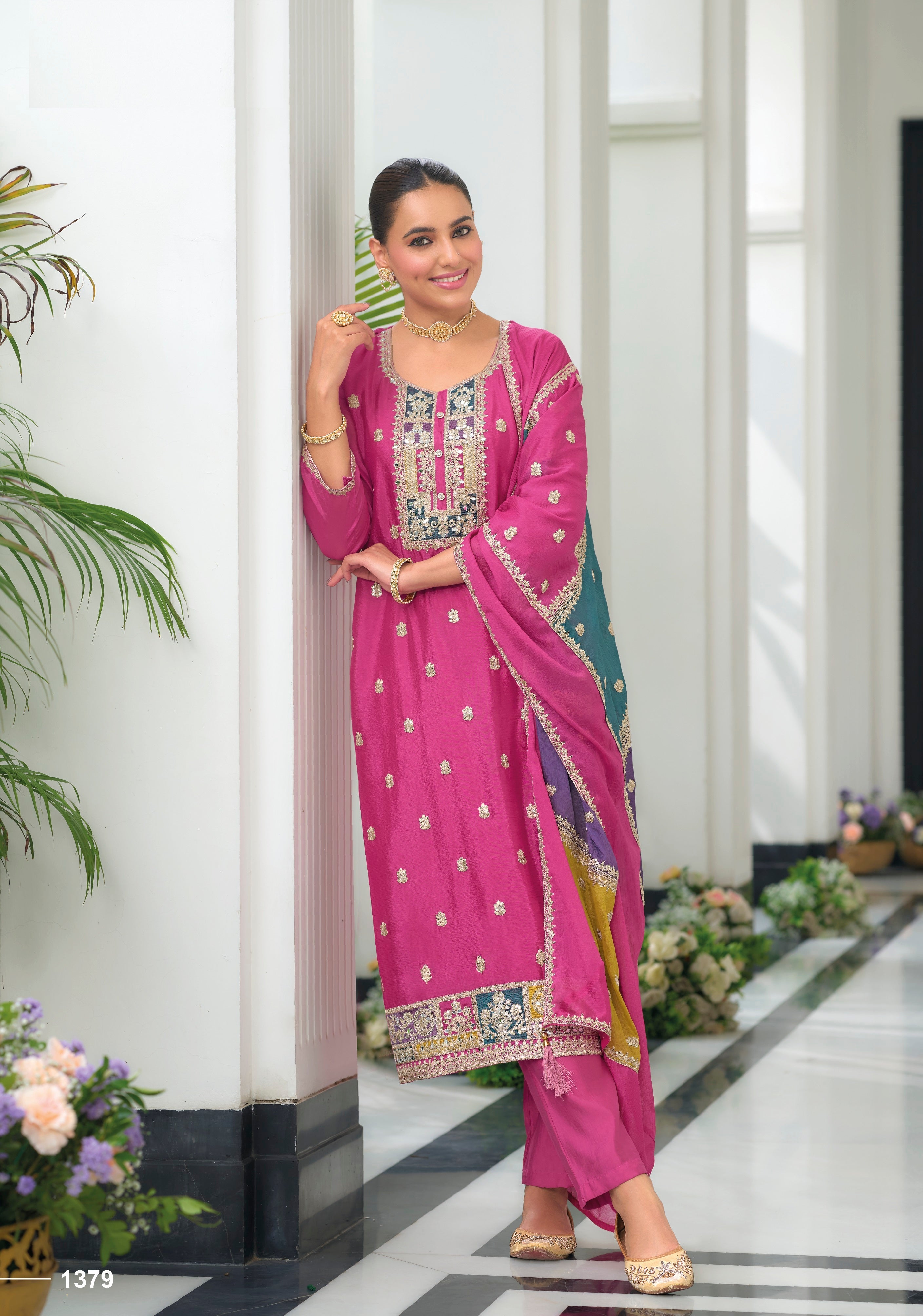 Pink hevey Chinon with emboidery work Salwar Suit - qivii
