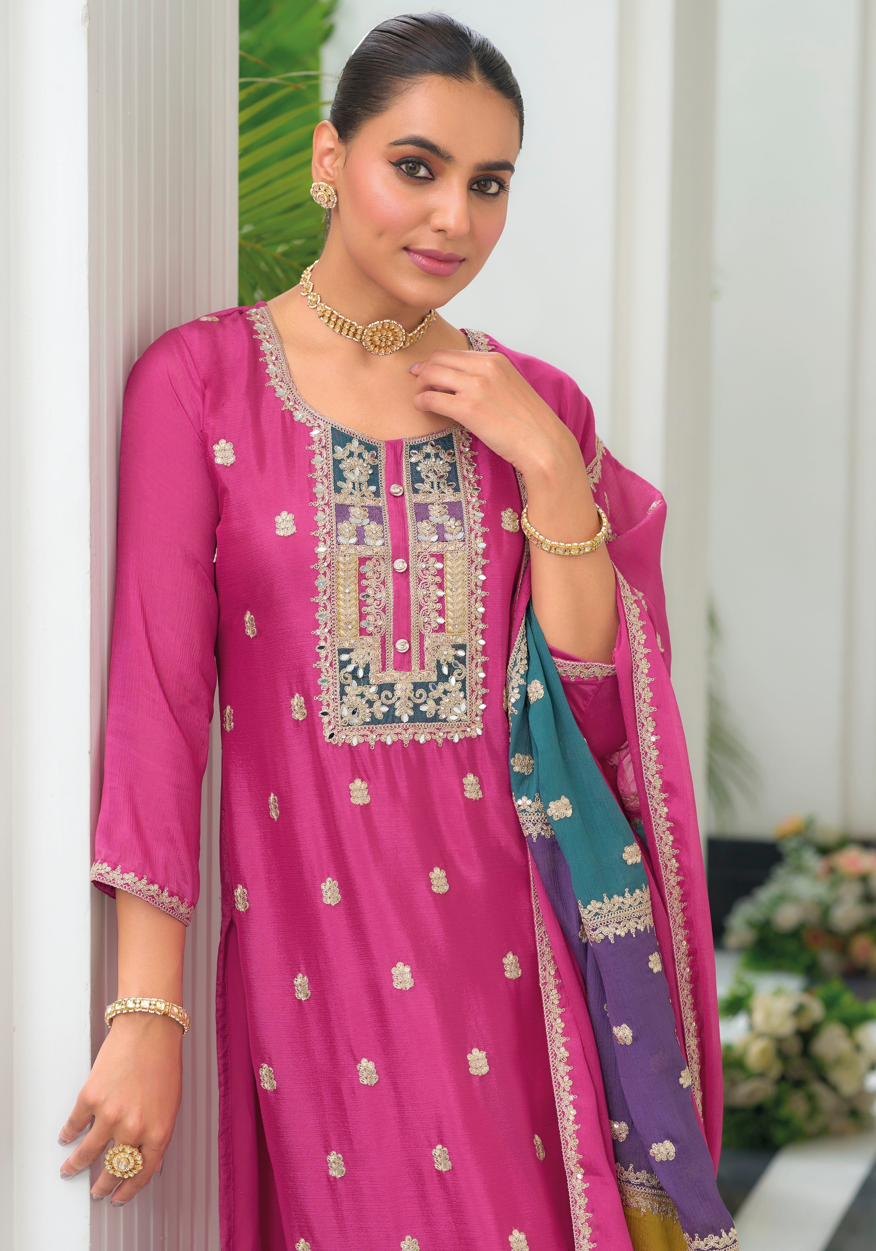 Pink hevey Chinon with emboidery work Salwar Suit - qivii
