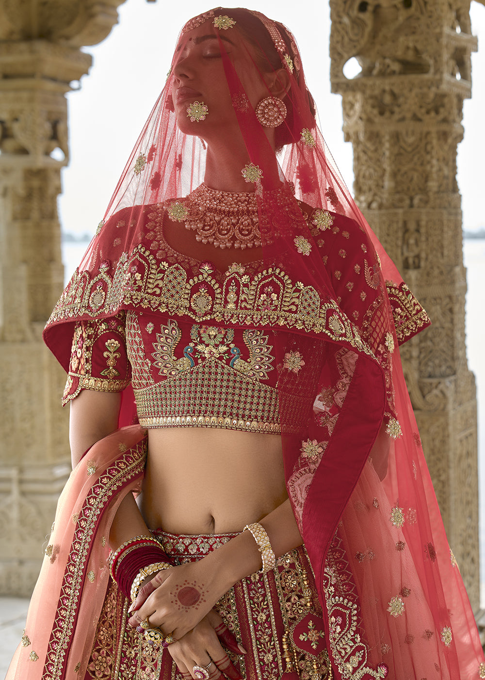 Red-Maroon Silk Hand,Patch & Gottapatti Work Embroidered Bridal Semi Stitched Lehenga with Single Red Color Dupatta