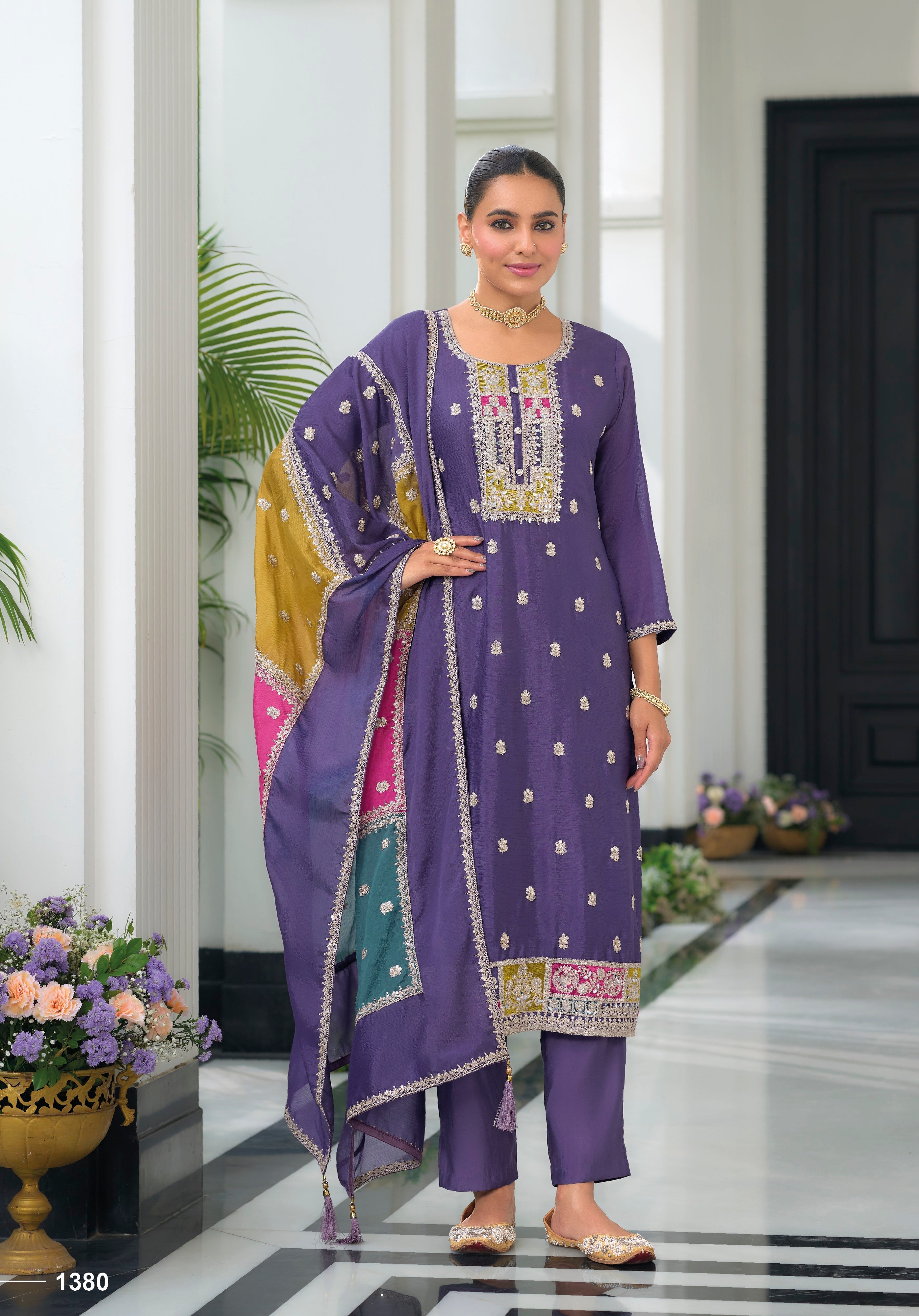 Dusty Purple hevey Chinon with emboidery work Salwar Suit - qivii