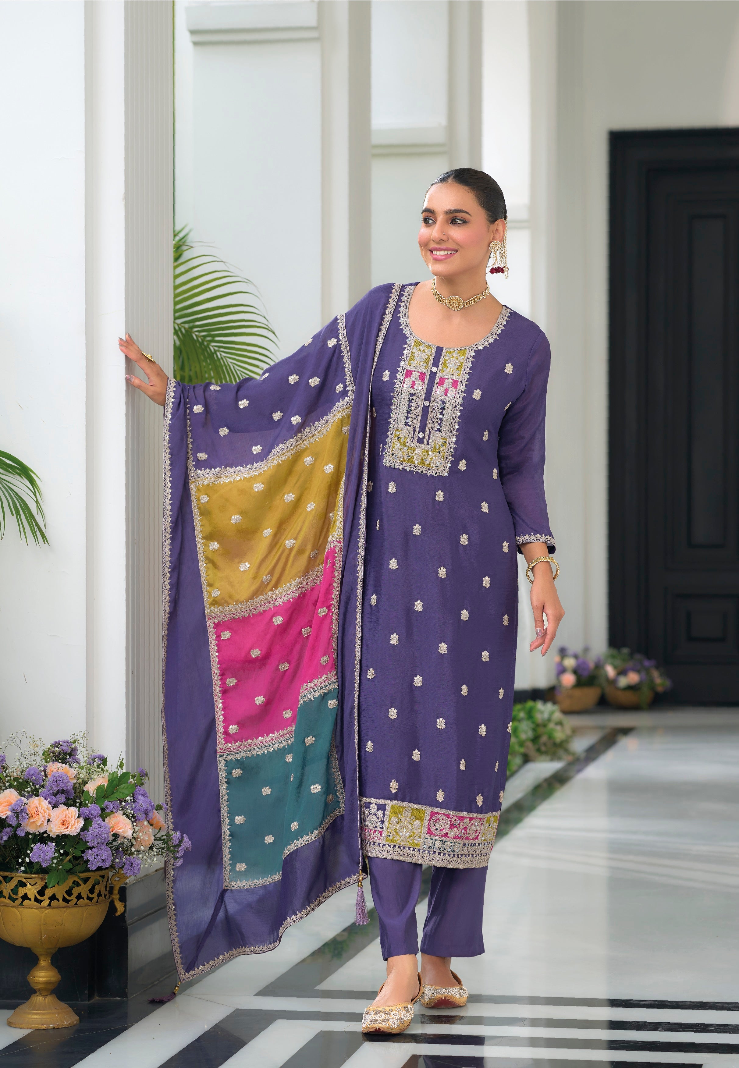 Dusty Purple hevey Chinon with emboidery work Salwar Suit - qivii