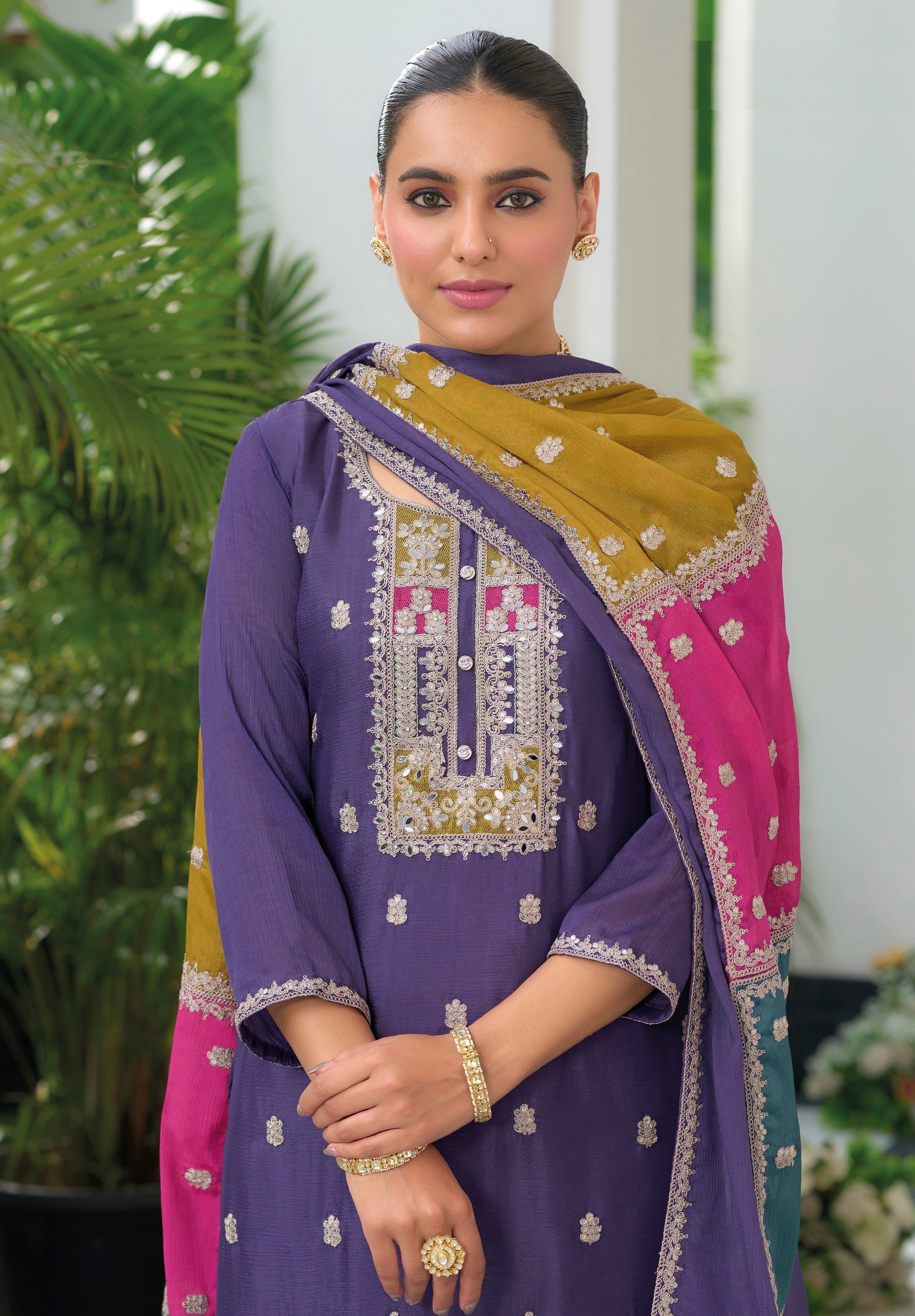 Dusty Purple hevey Chinon with emboidery work Salwar Suit - qivii