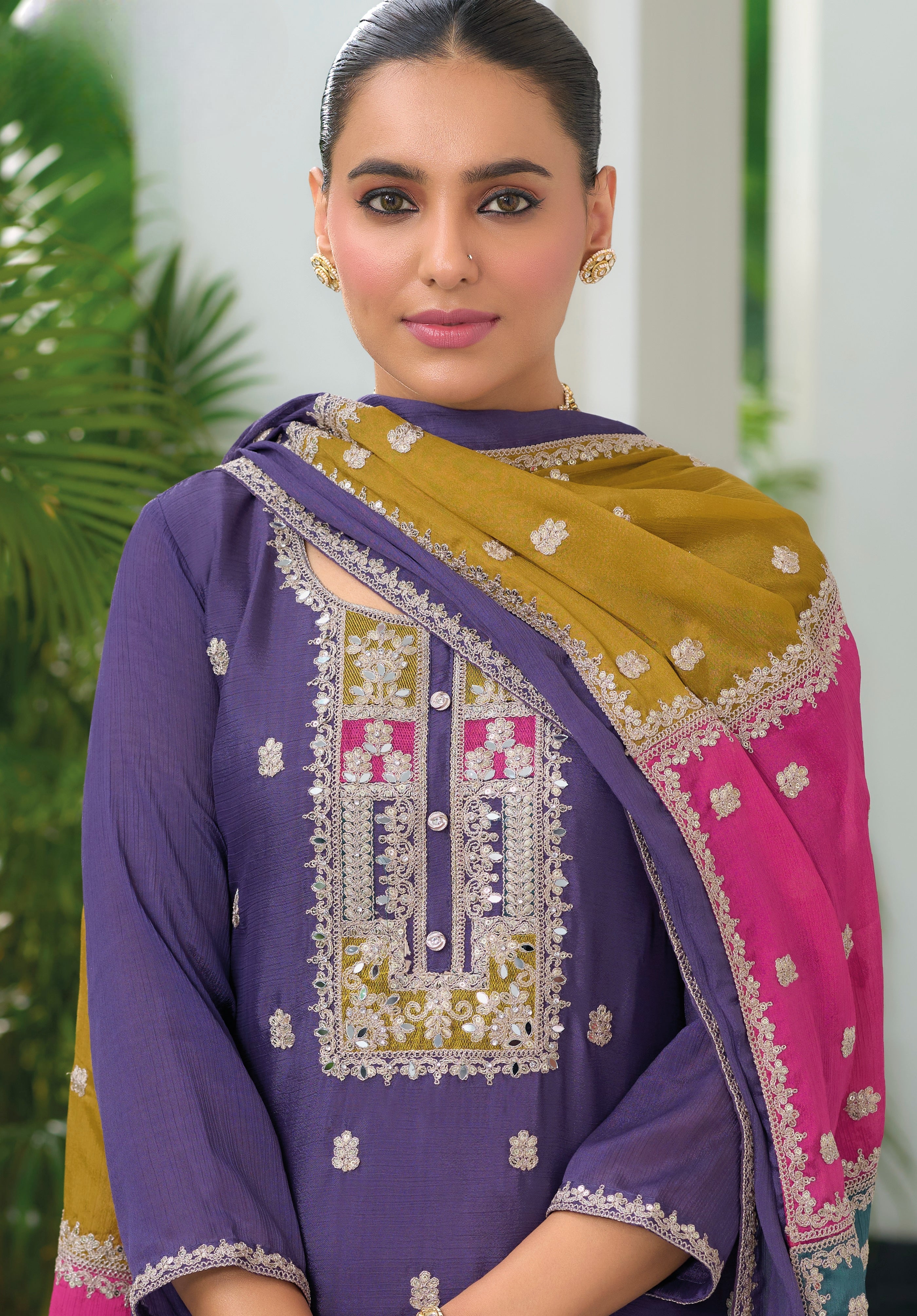 Dusty Purple hevey Chinon with emboidery work Salwar Suit - qivii