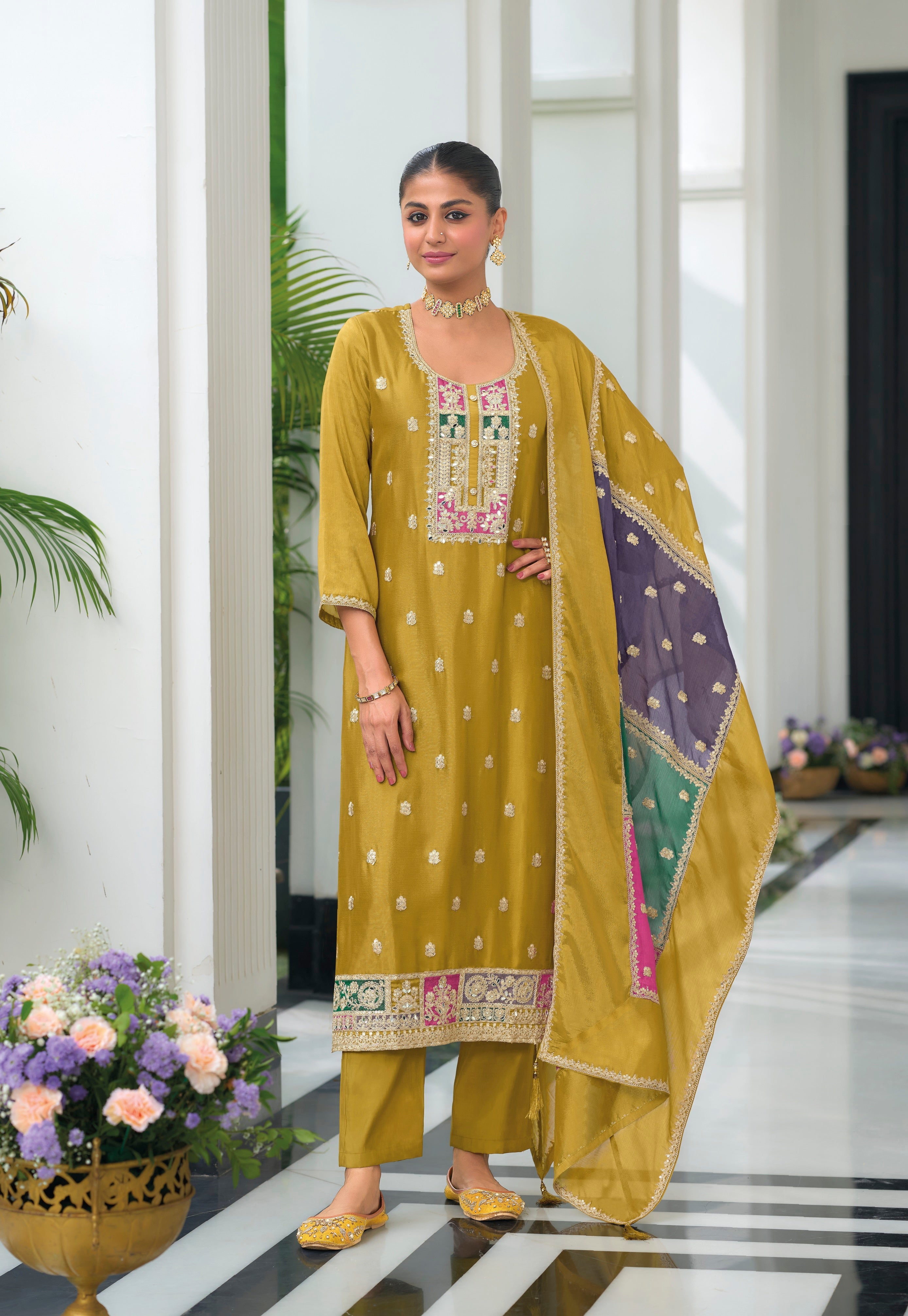 Yellow hevey Chinon with emboidery work Salwar Suit - qivii