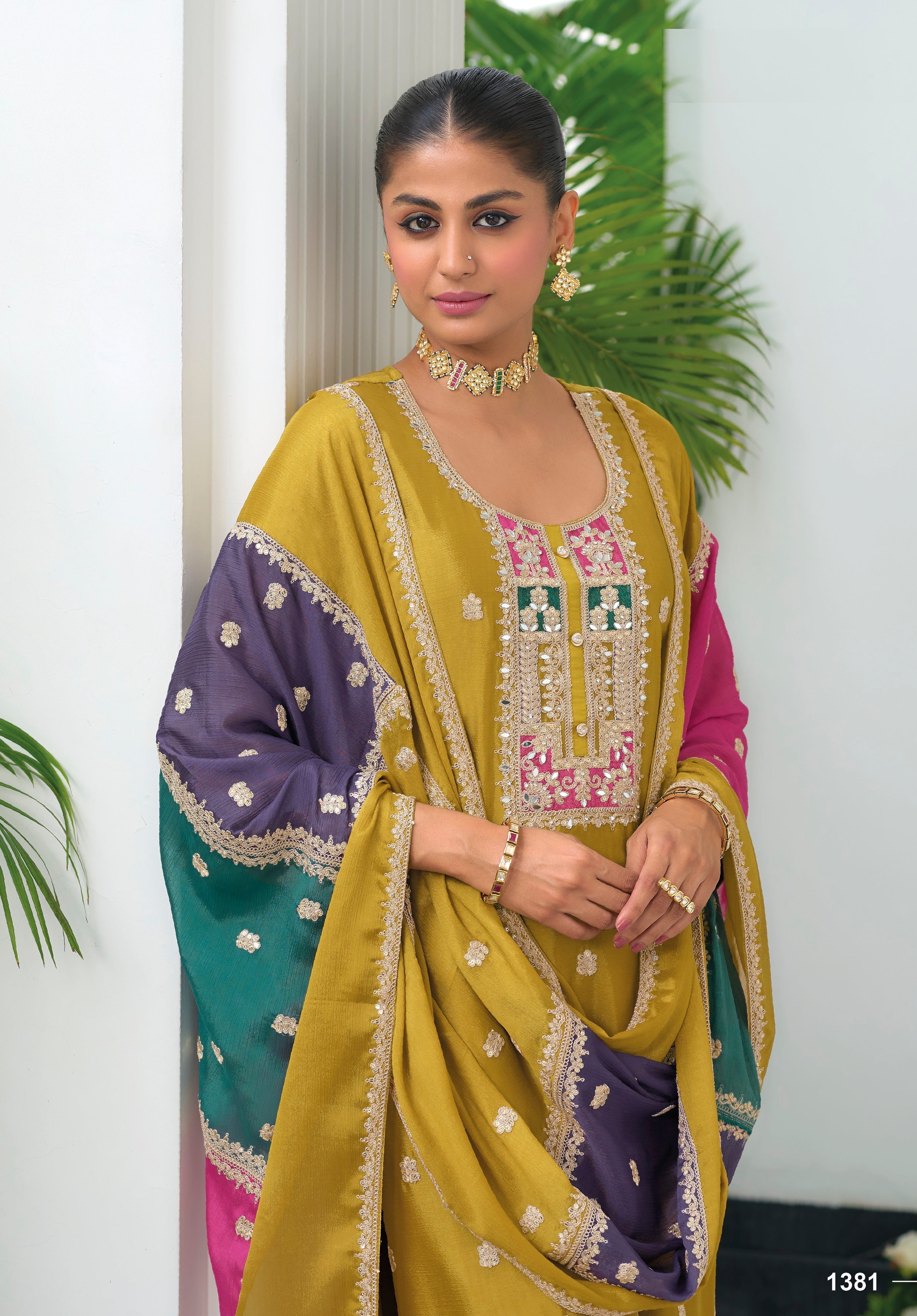 Yellow hevey Chinon with emboidery work Salwar Suit - qivii