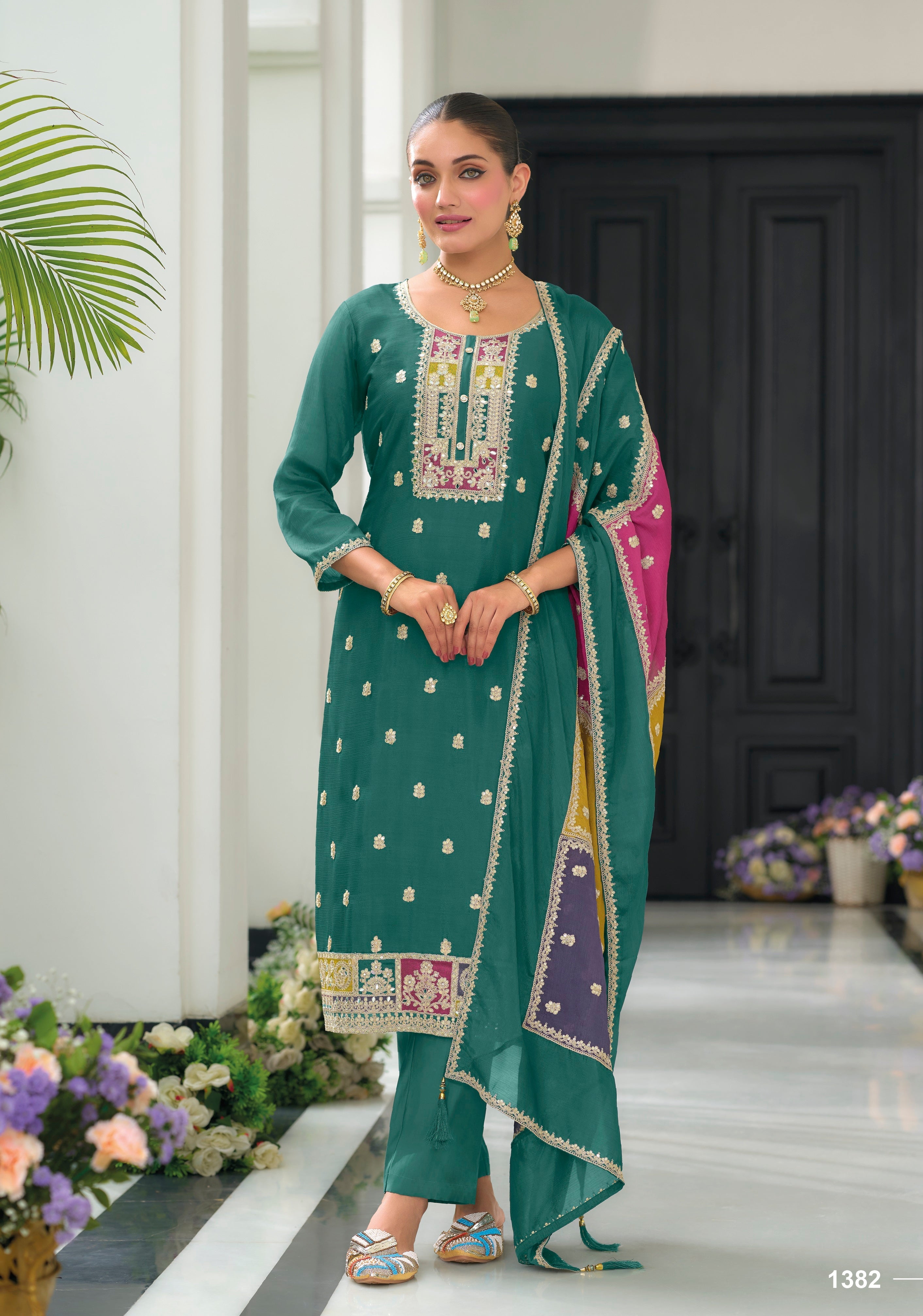 Green hevey Chinon with emboidery work Salwar Suit - qivii
