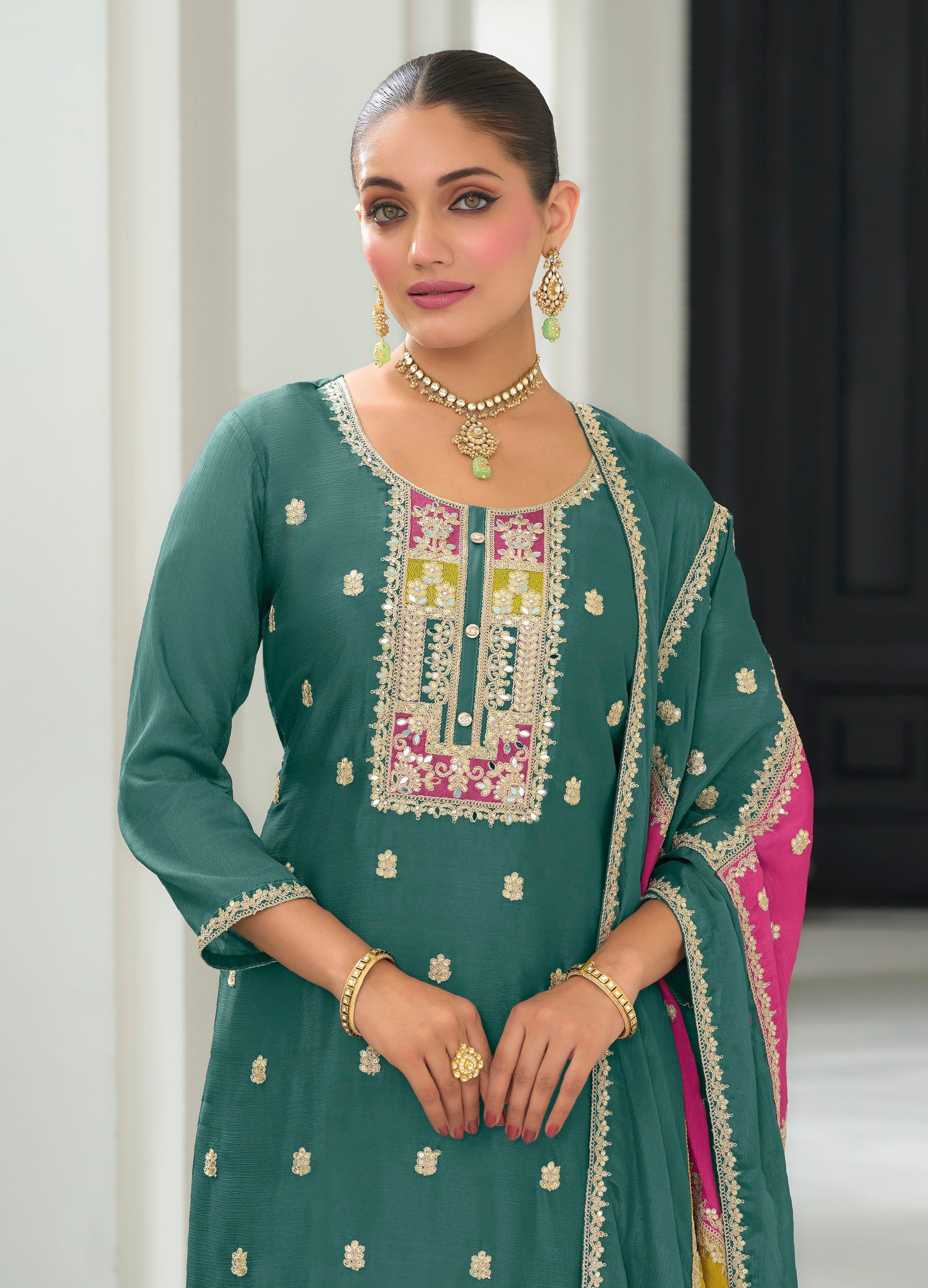 Green hevey Chinon with emboidery work Salwar Suit - qivii