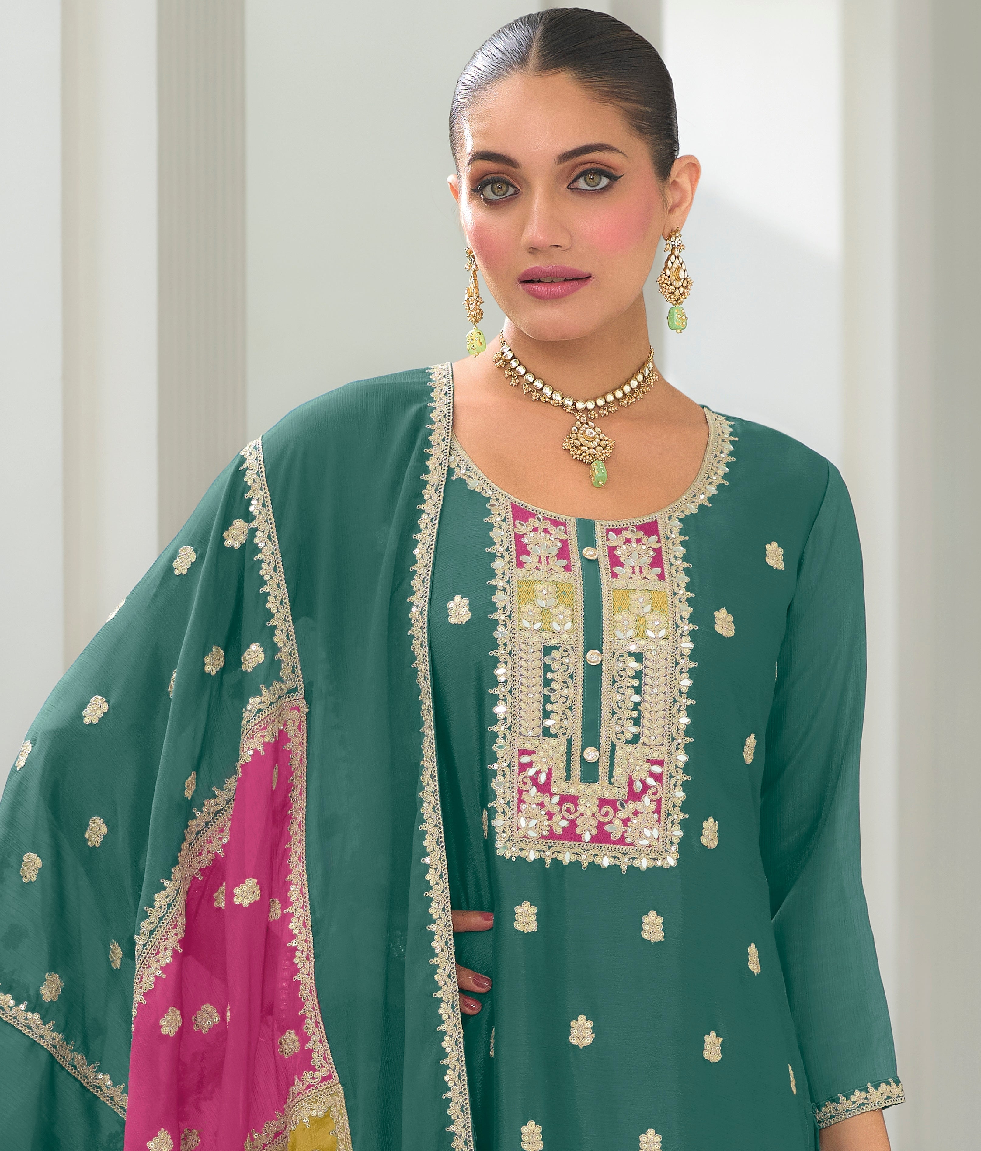 Green hevey Chinon with emboidery work Salwar Suit - qivii