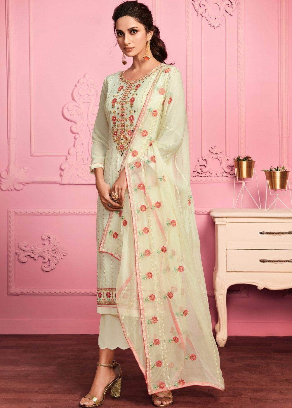 Banana Yellow Georgette Salwar Suit with Thread Embroidery, Katli & Mirror work - qivii