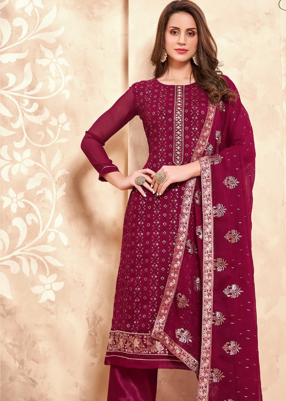 Ruby Pink Georgette Salwar Suit with Thread & Sequence Embroidery work - qivii