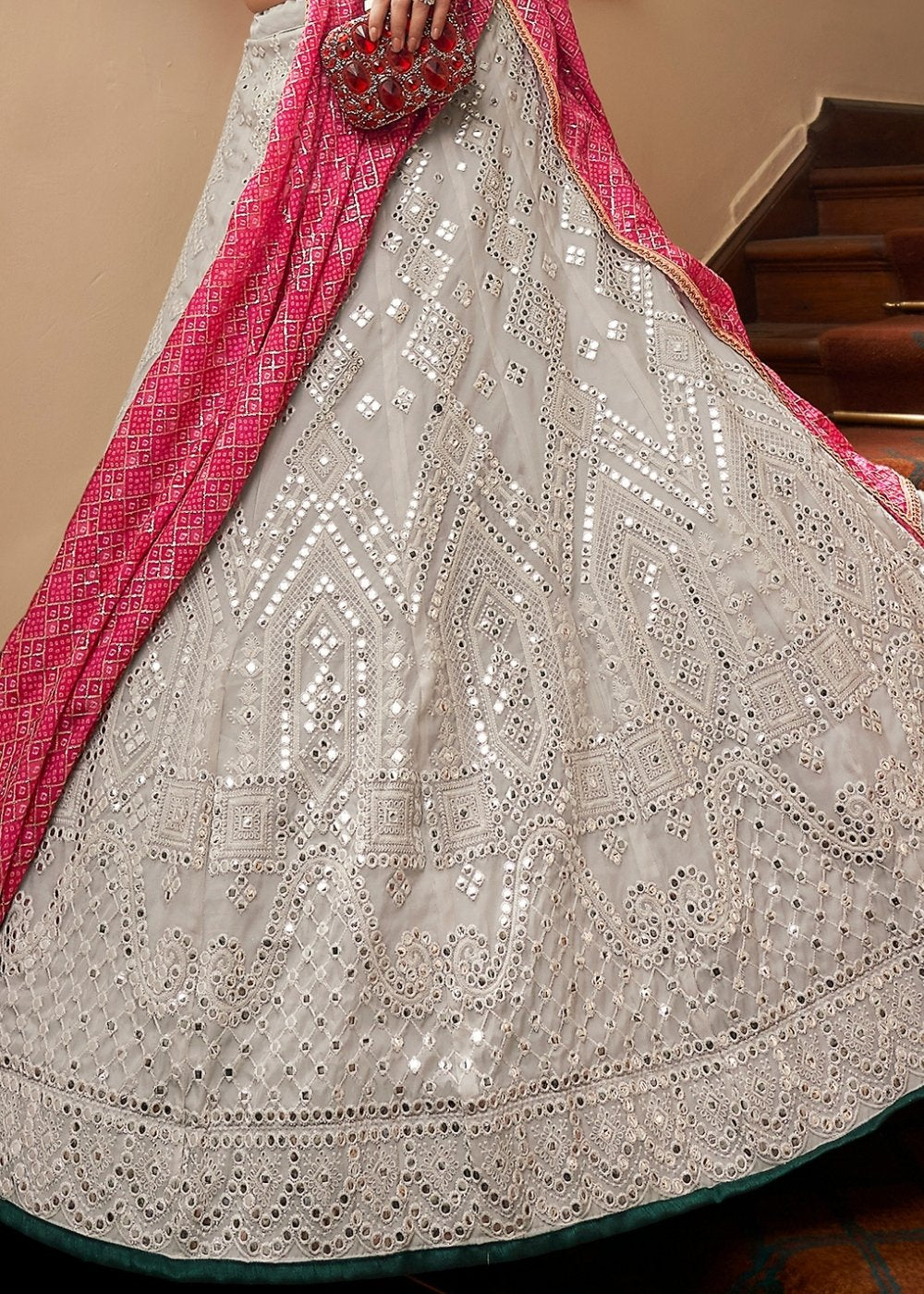Silver Grey Organza Lehenga with Sequins, Gota, Mirror & Resham work | Ready To Wear - qivii