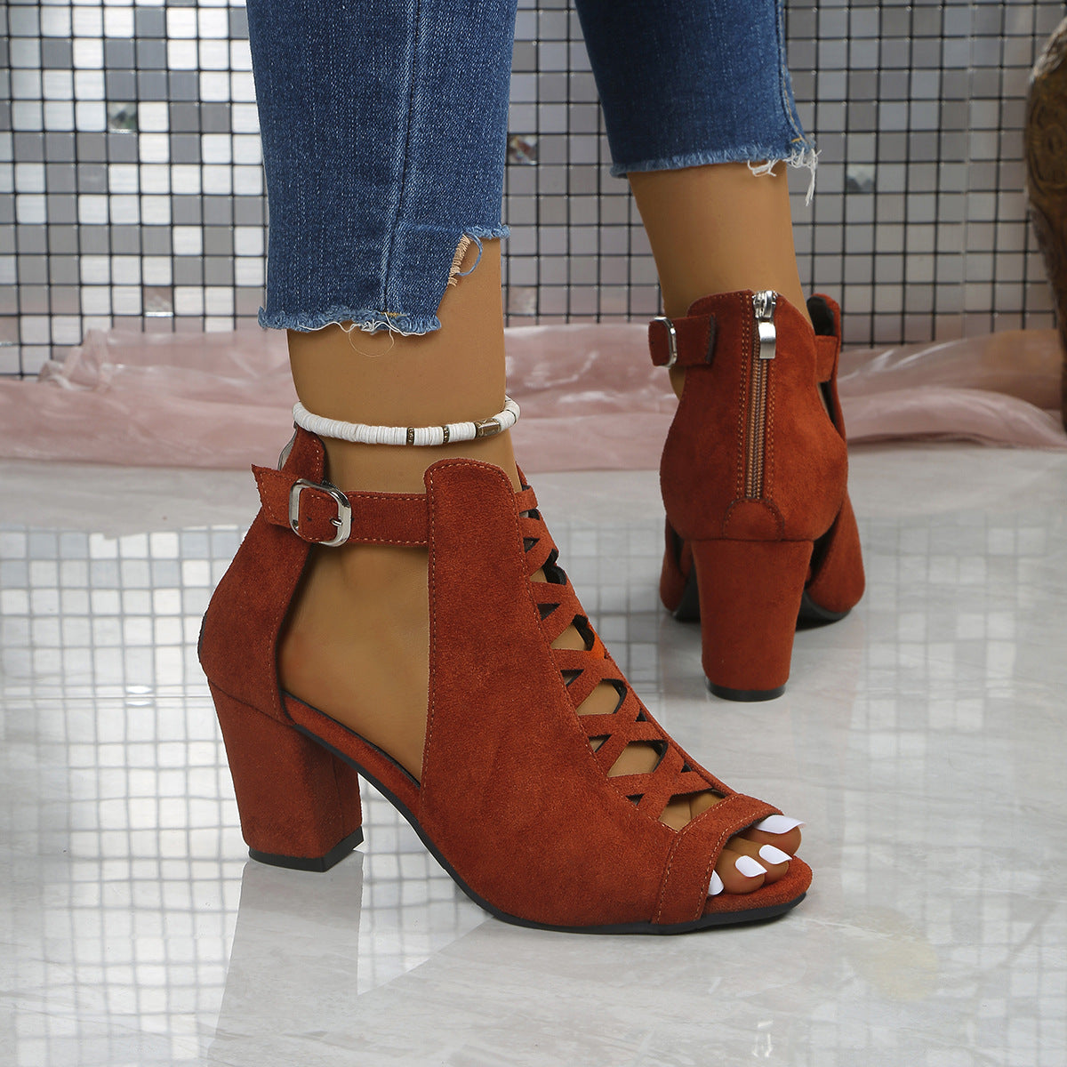 Women's Odette Suede Peep-Toe Cutout Bootie Sandals – Buckle Strap Chunky Heel Sophisticated Boot Sandals (US 3.5–11.5)