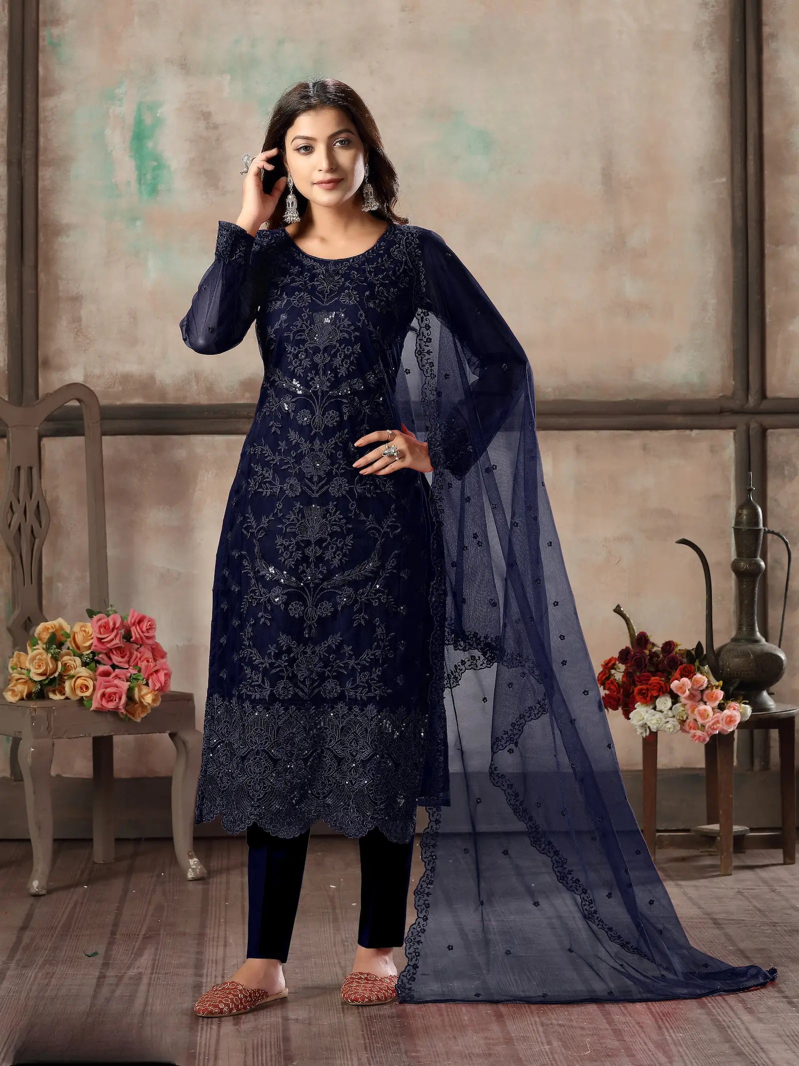 Navy Blue Net Salwar Suit With Thread & Sequence Embroidery Work - qivii