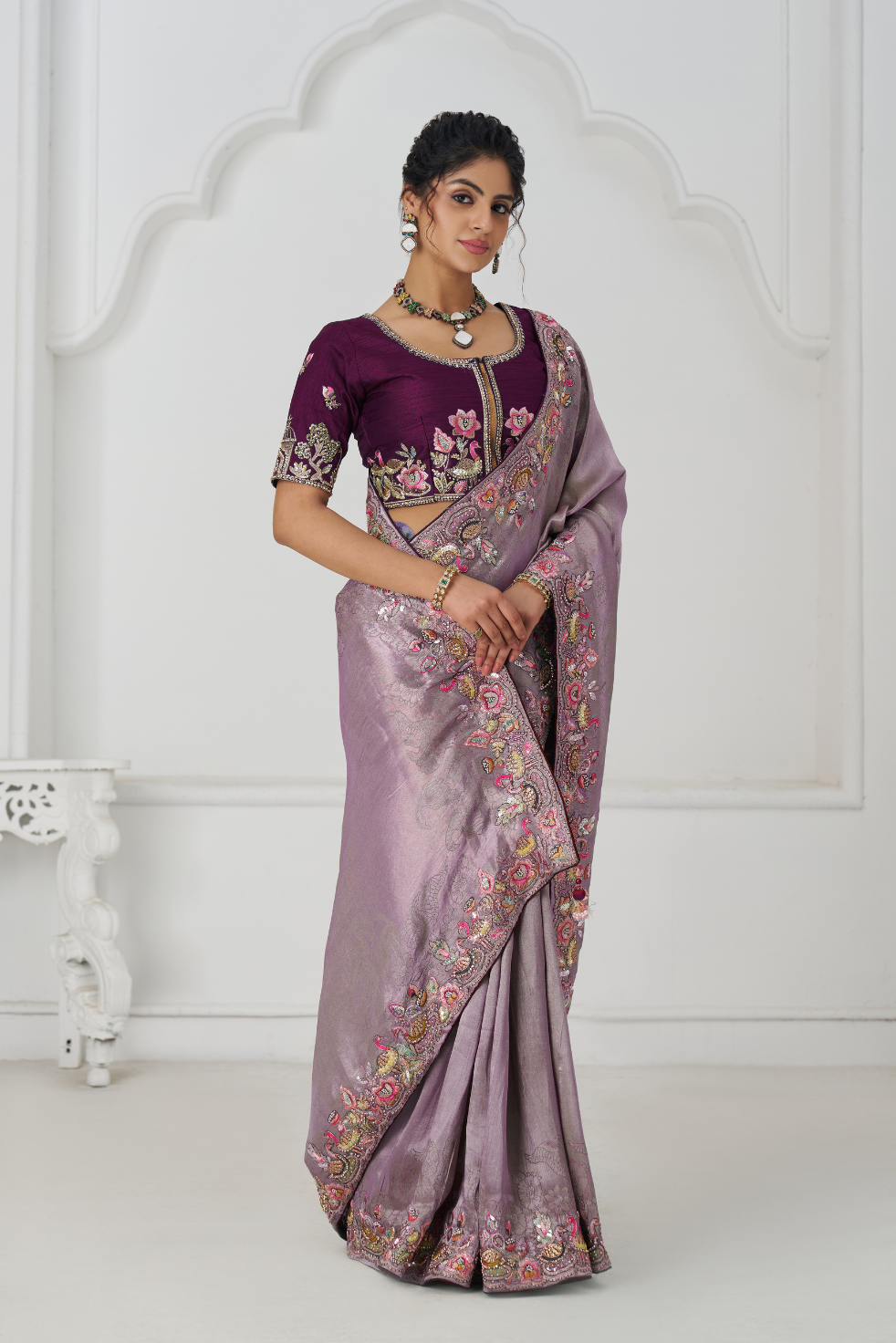 Stunning Mauve Color Saree With Multi-thread And Sequins Embroidery - qivii