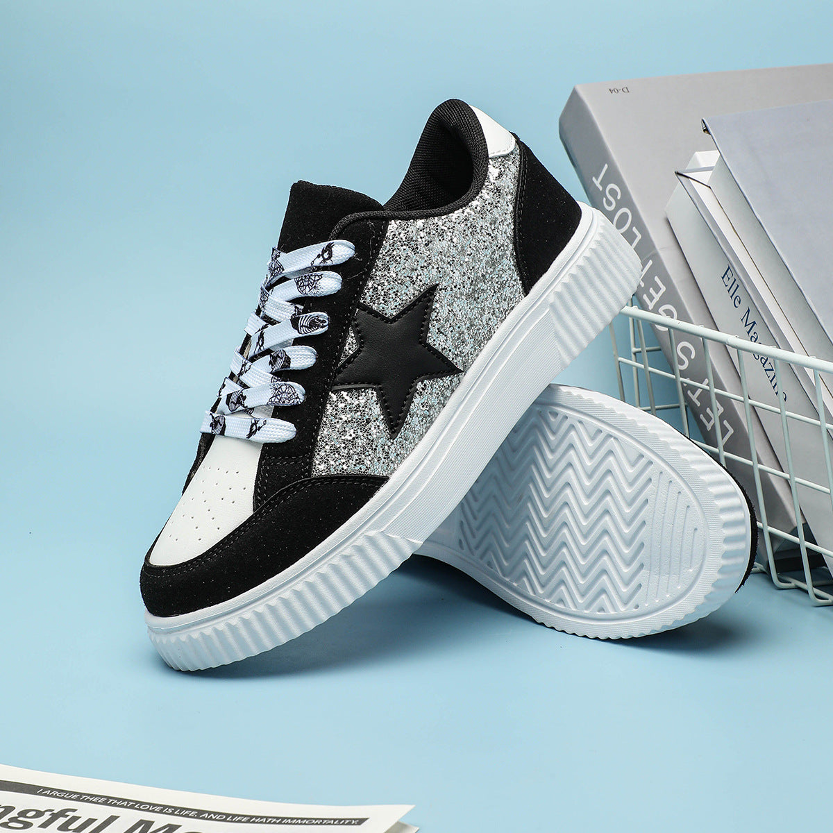 Women's Plus Size Trendy Sequins Skate Shoes - Soft Cushioned Lace-Up Casual Sneakers for Unisex Couples, Outdoor & School Streetwear