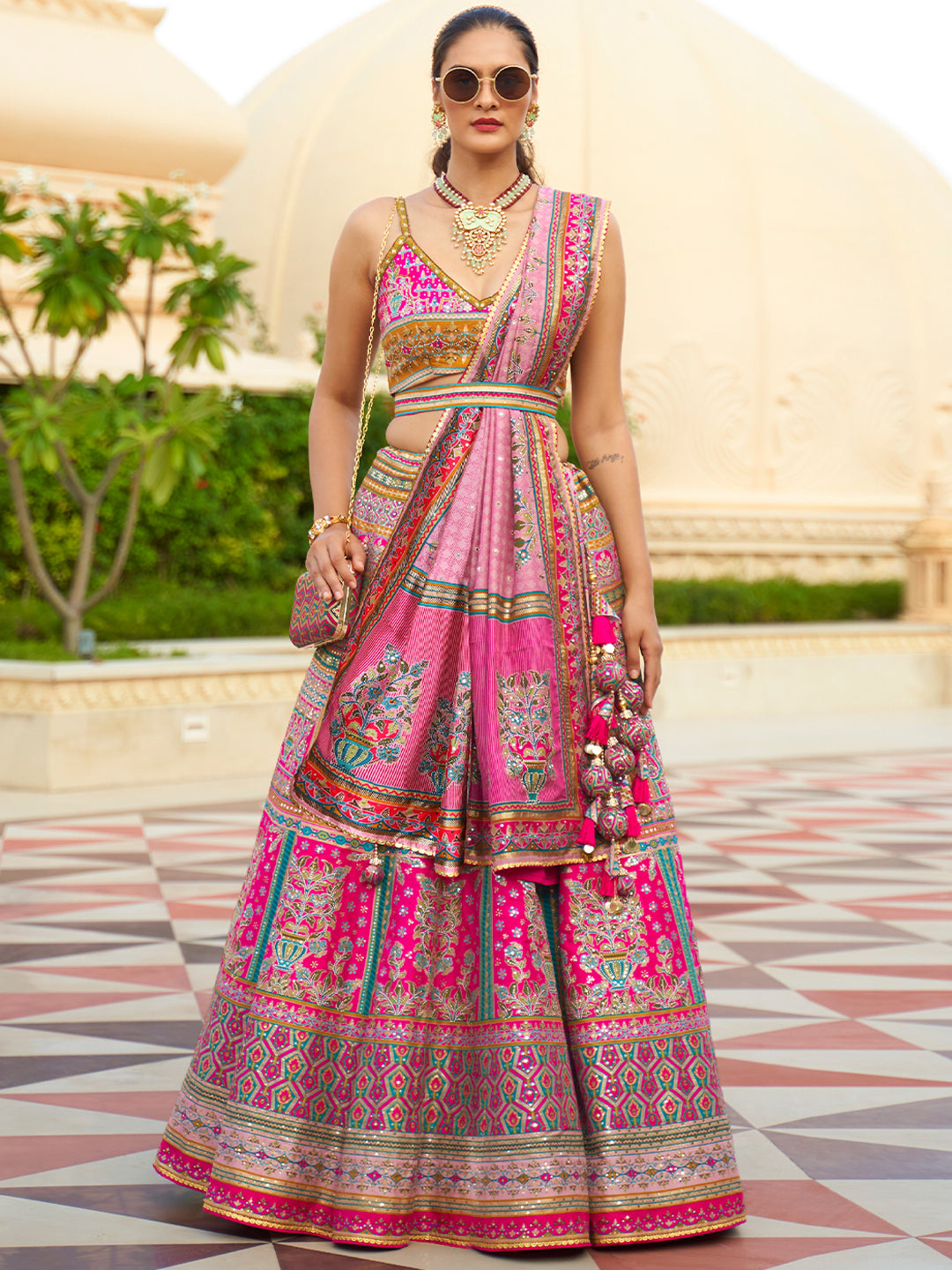 Pink Silk Lehenga Choli, Digital Print With factory Real Mirror Hand Work Choli, Real Mirror Work & Lace Border Work Dupatta For Indian Bridal Wear