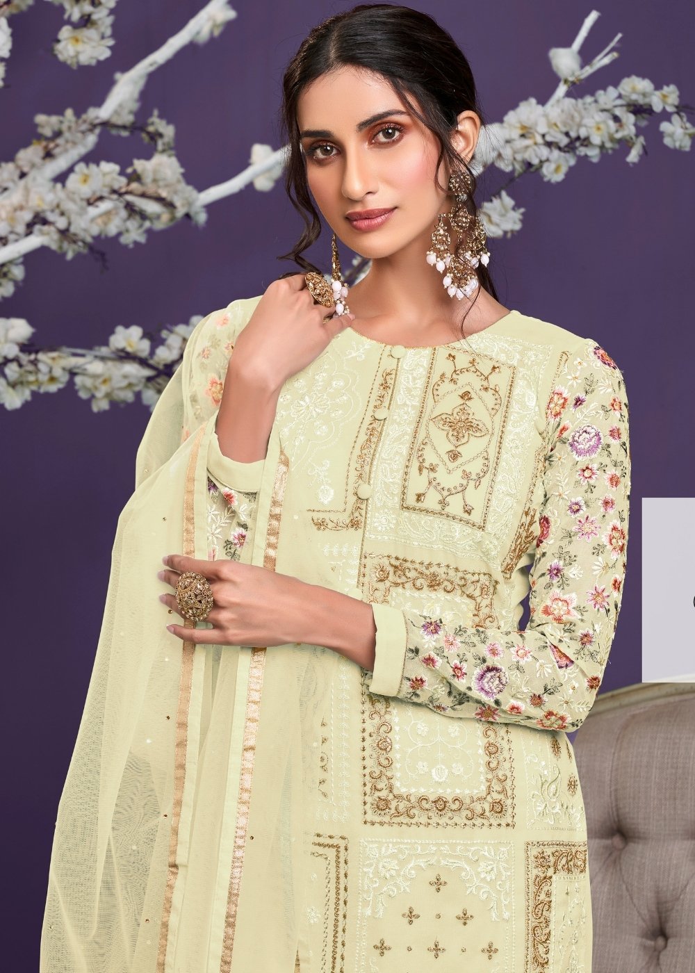 Blonde Yellow Georgette Salwar Suit with Thread, Zari & Sequence work - qivii
