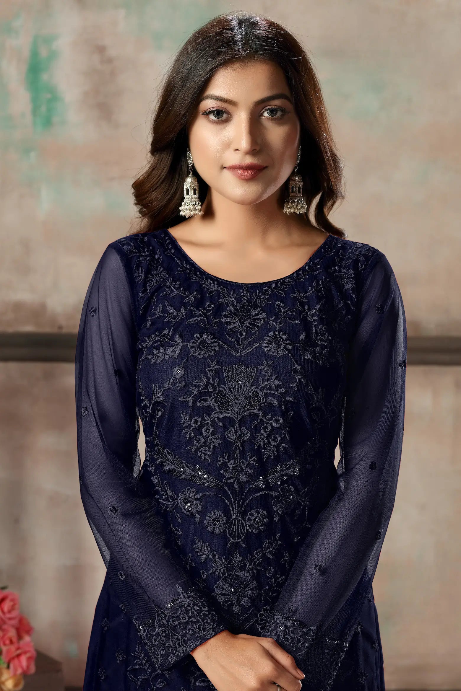Navy Blue Net Salwar Suit With Thread & Sequence Embroidery Work - qivii