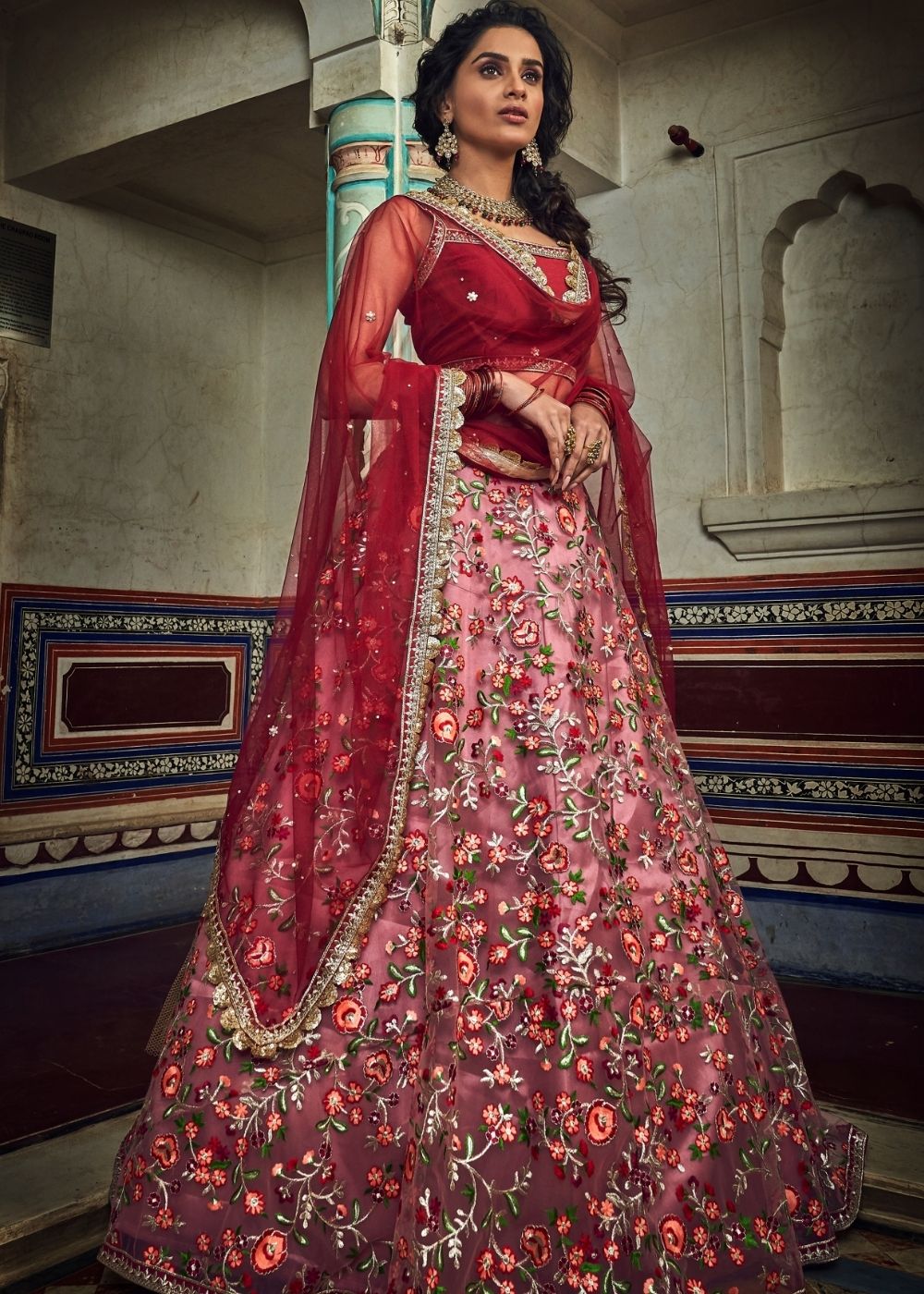 Persian Red Soft Net Lehenga with Thread & Zari work | Ready To Wear - qivii
