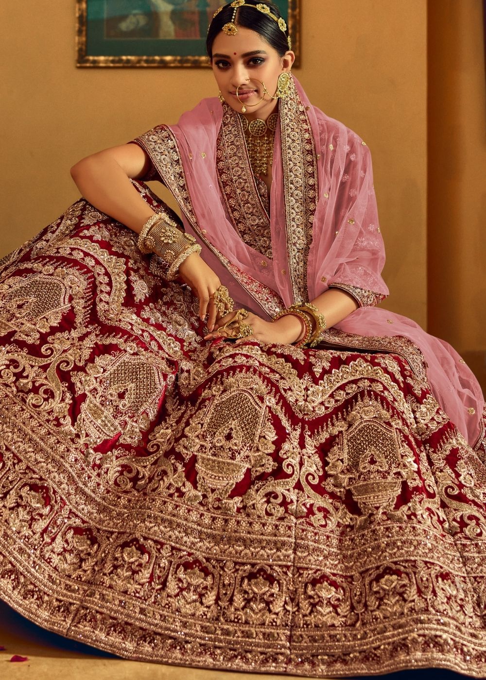 Wine Red Bridal Velvet Lehenga Choli with Embroidery & Hand work | Ready To Wear - qivii
