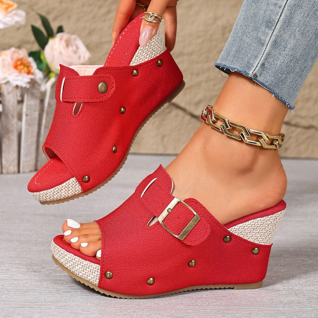 Women’s Sable Rivet Velcro Platform Wedge Sandals – Chunky Studded Slides with Adjustable Strap (US 4–10.5)
