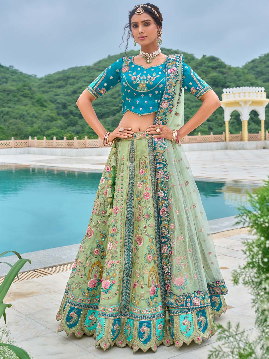 Pista-Teal Shaded Heavy Designer Embroidered Patchwork Silk Semi Stitched Lehenga Choli - qivii
