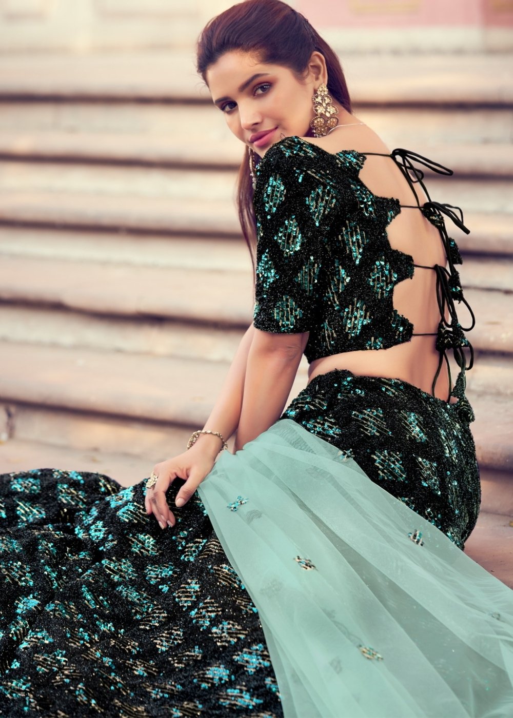 Black & Green Designer Lehenga Choli with Sequins work | Ready To Wear - qivii