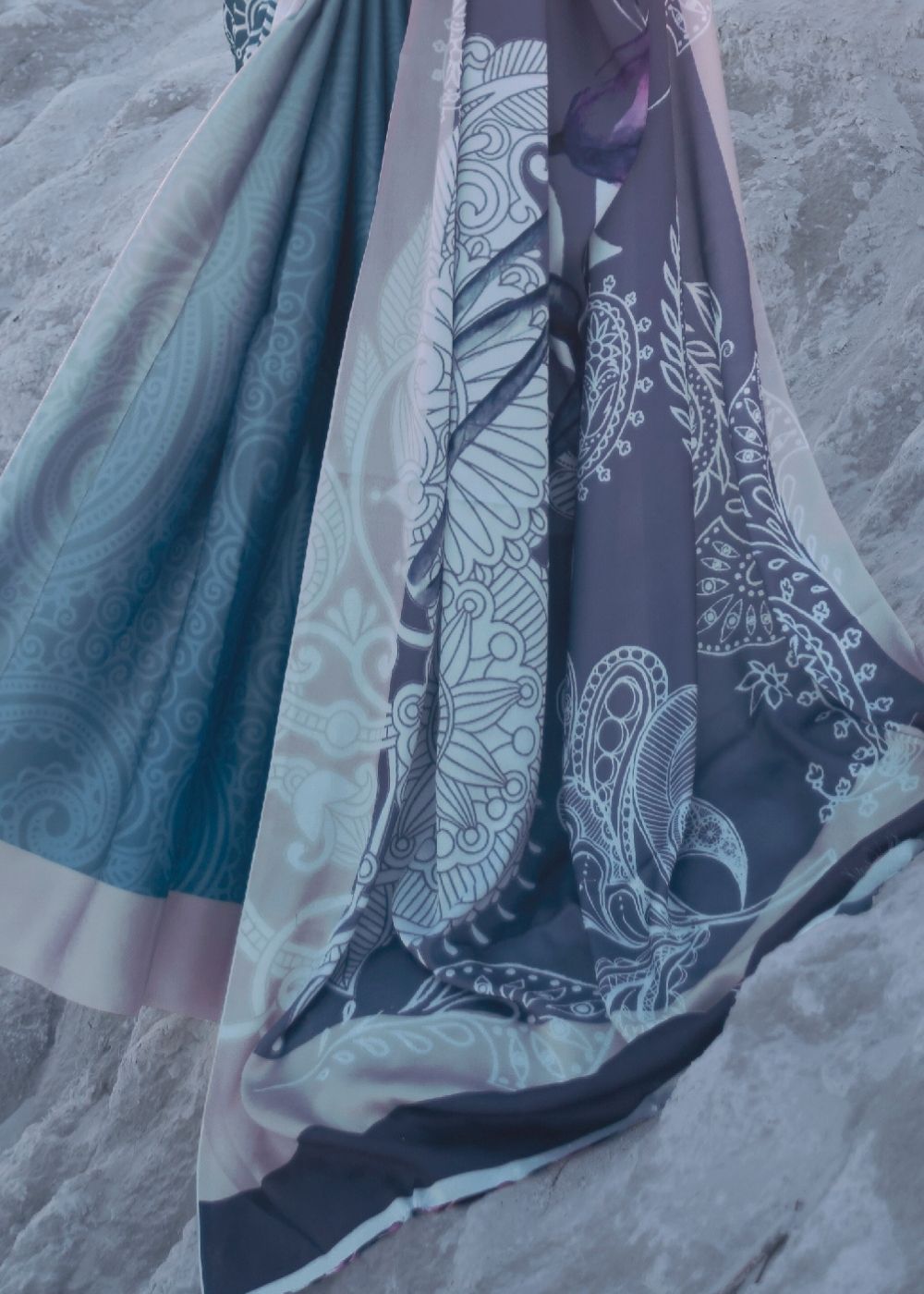 Cerulean Blue and Violet Digital Printed Crepe Silk Saree - qivii