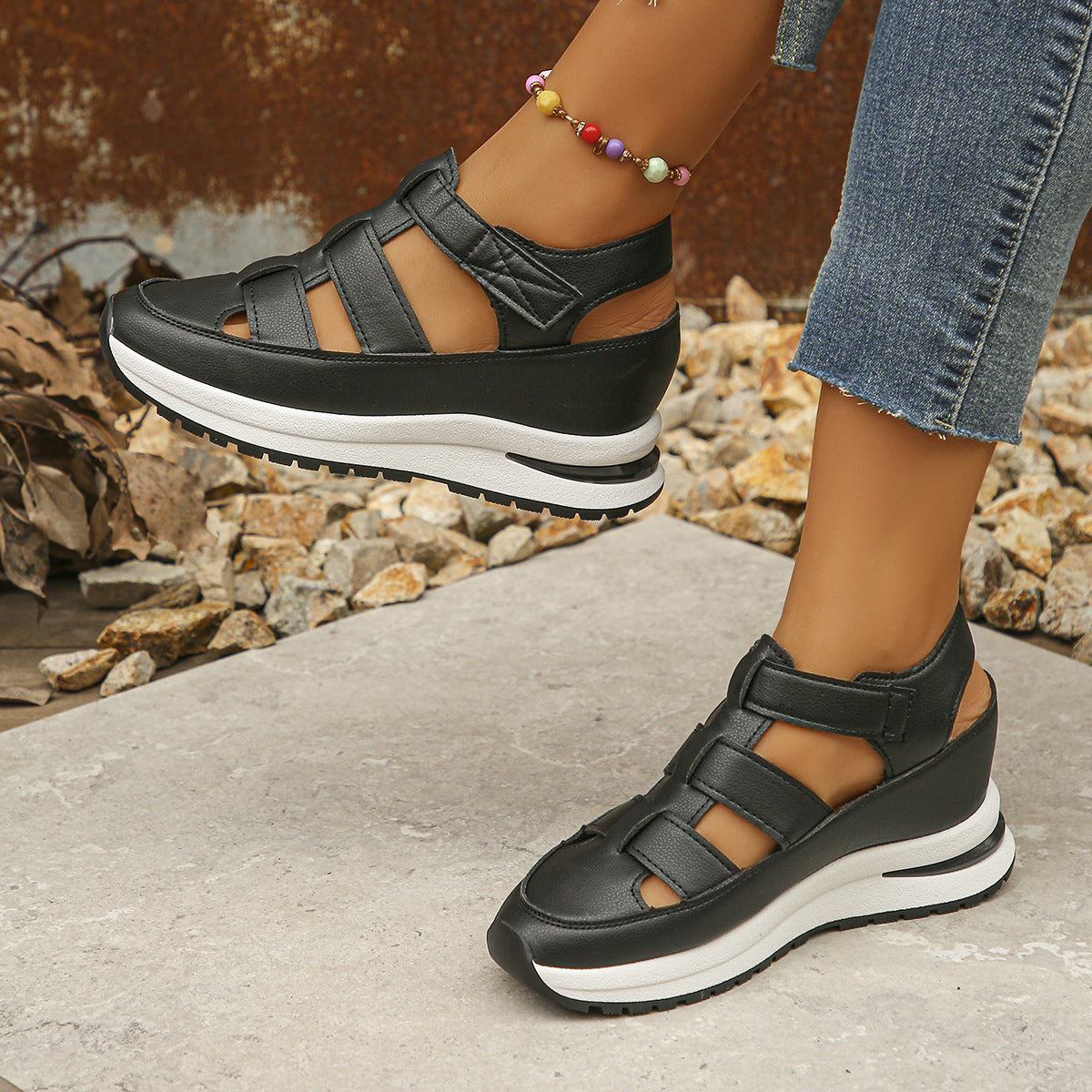 Women's Plus Size Hollow-Out Casual Sandals – Versatile Thin Platform with Height-Boosting Thick Sole