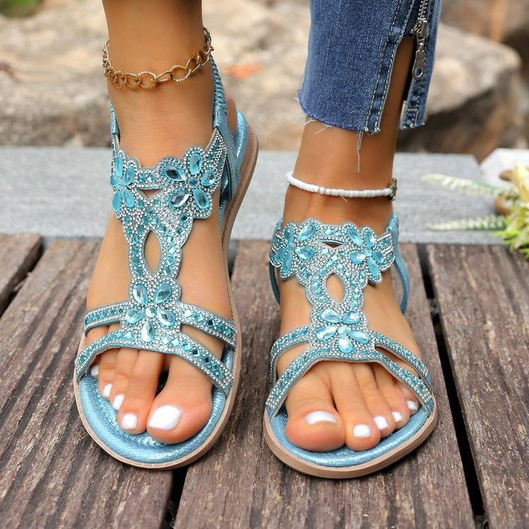 Women's Vesper Woven Bohemian Rhinestone Flat Sandals - Artisan Round-Toe Summer Sandals (US 4-10.5)