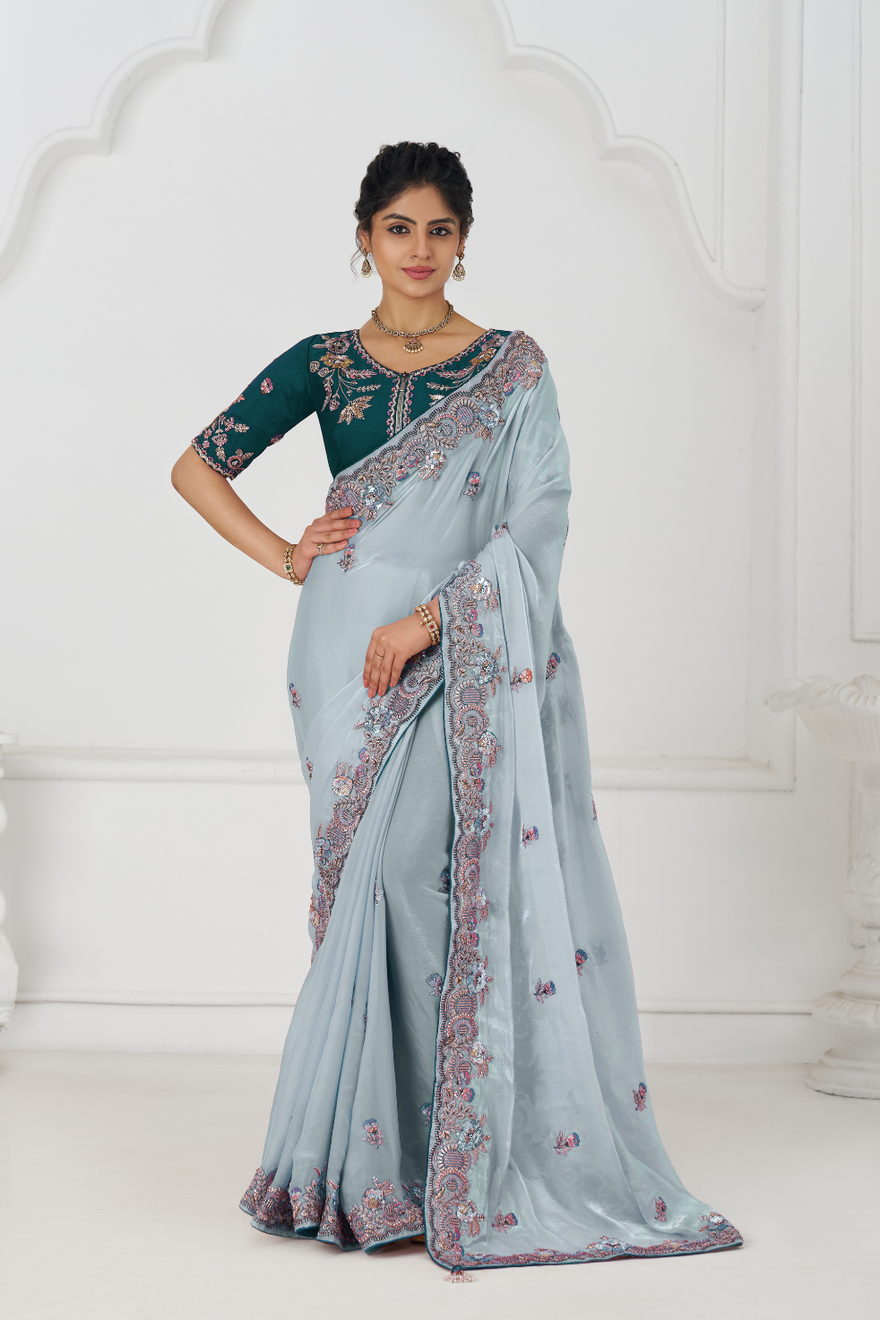 Graceful Grey In Rich Silk Fendi Saree With Zari And Sparkling Sequins - qivii