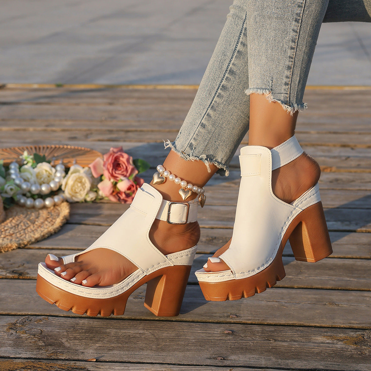 Women's Capri Peep-Toe Toe Ring Platform Chunky Sandals – Buckle Strap Ultra-High Heel Beach Slides (US 5–10.5)