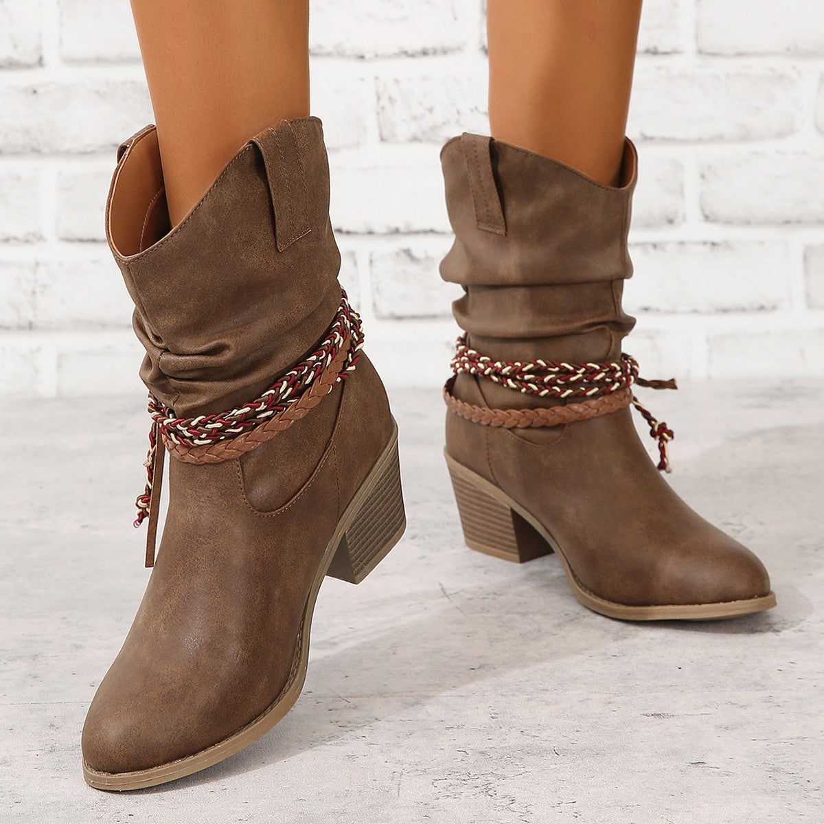 Women's Western Tassel Boots - Braided Buckle Cowboy Ankle Boots with Block Heel & Pointed Toe (US 5-10)