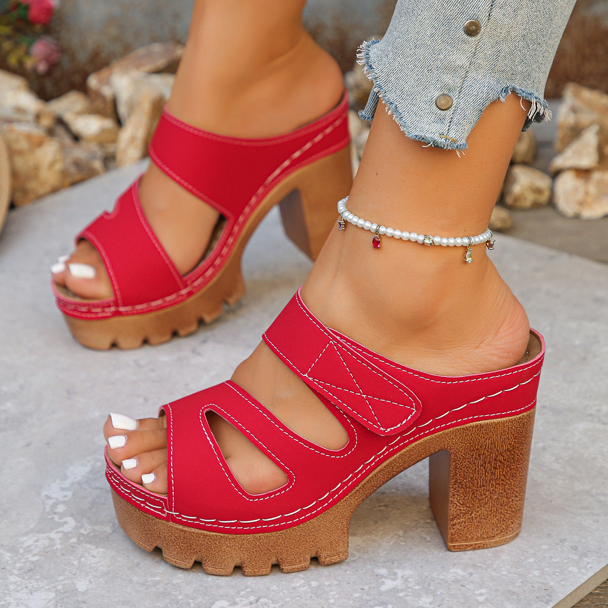 Women’s Alviera Cutout Block Heel Slide Sandals – Peep Toe Velcro Comfort Mules (US 4–10.5)