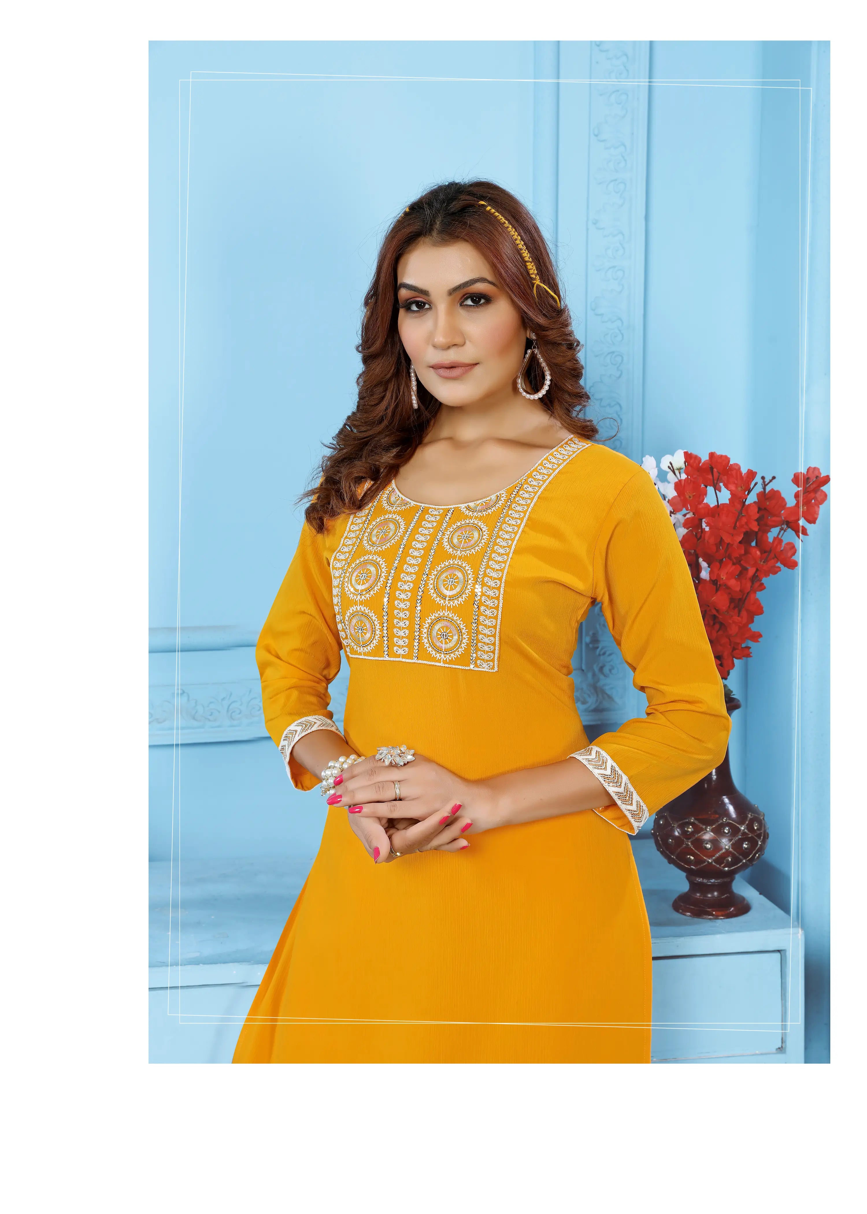 Yellow Kurta Set With Embroidery Work - qivii