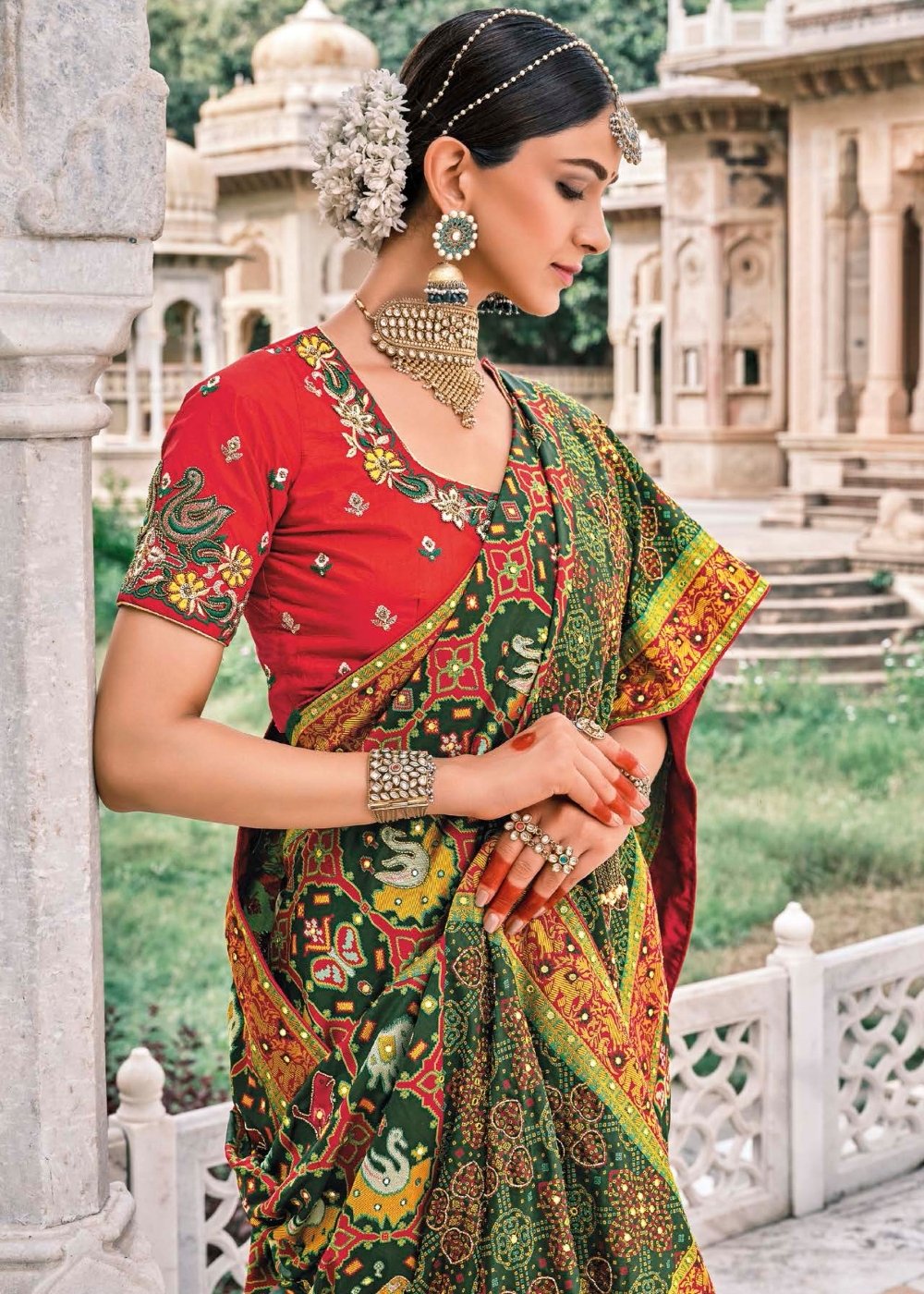 Pine Green Bandhej Patola Silk Saree with Embroidered Blouse - qivii