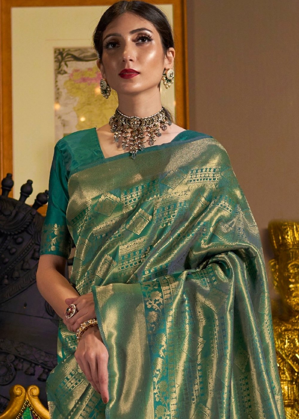 Dark Green and Golden Blend Kanjivaram Soft Woven Silk Saree - qivii