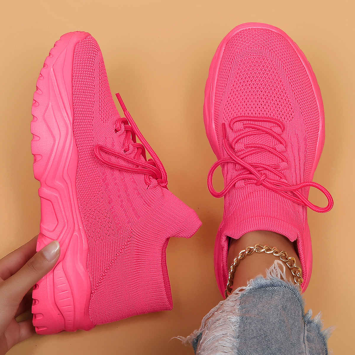 Women's Nyvelle Knit Sock Sneakers - Breathable Lace-Up Mesh Shoes with Chunky Ridged Sole (US 4-11)