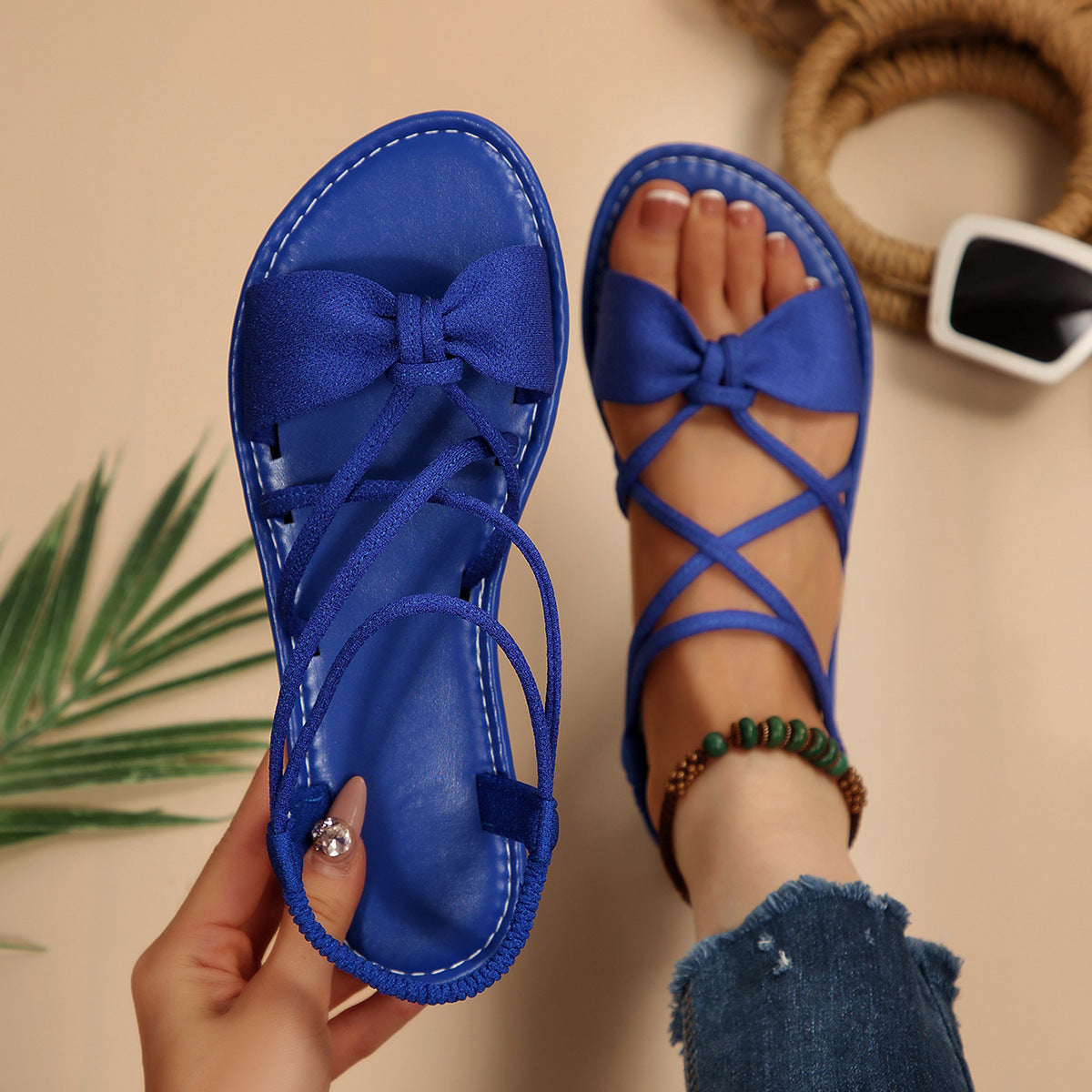 Women's Vela Bow Flat Sandals - Soft Sole Elastic Strap Summer Sandals (US 5-10.5)