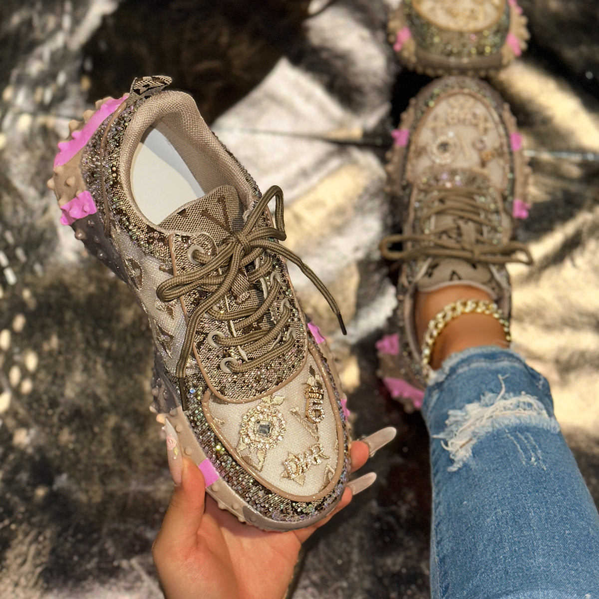 Women’s Lumira Embroidered Letter Mesh Platform Sneakers – Rhinestone Detail Chunky Sole Light Luxury Fashion Sneakers (US 4–10.5)