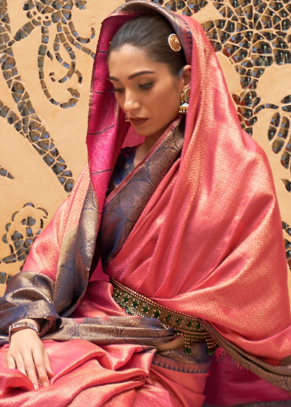 Punch Pink Zari Woven Kanjivaram Silk Saree - qivii