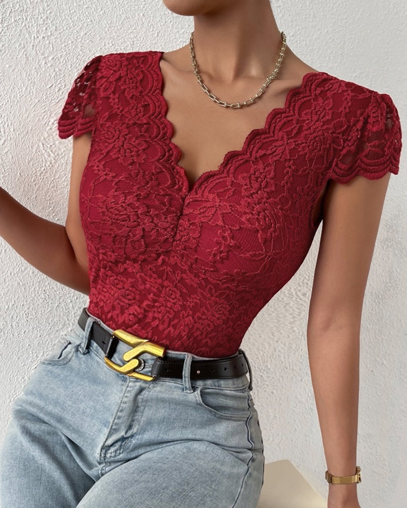 Sexy Deep V Neck Lace Short Sleeve Bodysuit One Piece Slim Fit Body Shaper