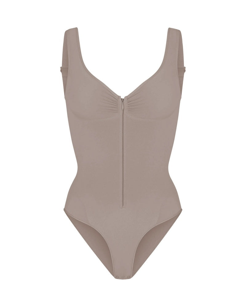 Deep V Seamless Backless Triangle Shapewear Bodysuit with Front Zipper