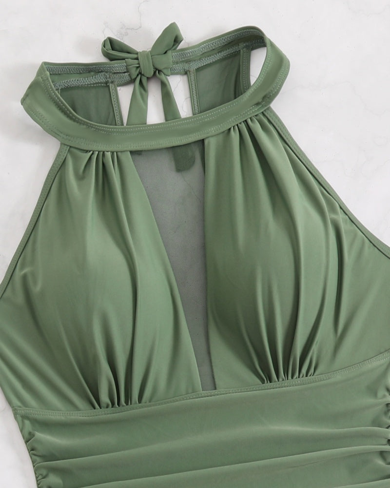 Large Size Halter Neck Mesh Panel Tummy Control Swimsuit with Side Bow - By Qivii