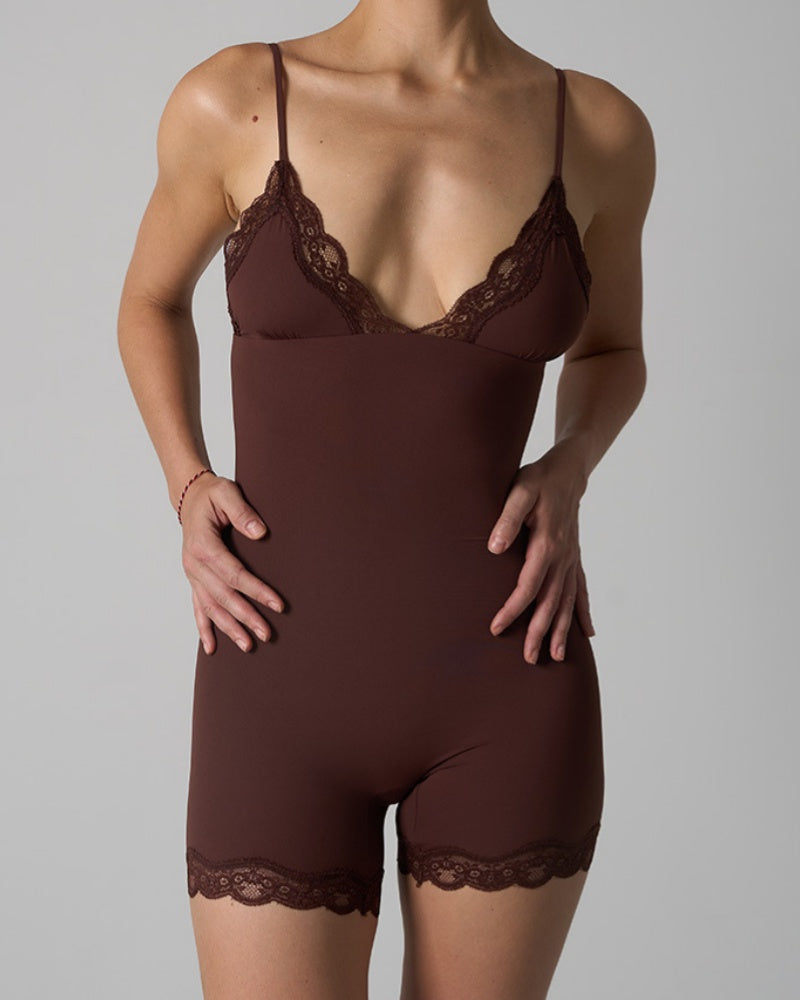 Triangle Cup Seamless Suspenders Shapewear Bodysuit With Lace Trim - By Qivii