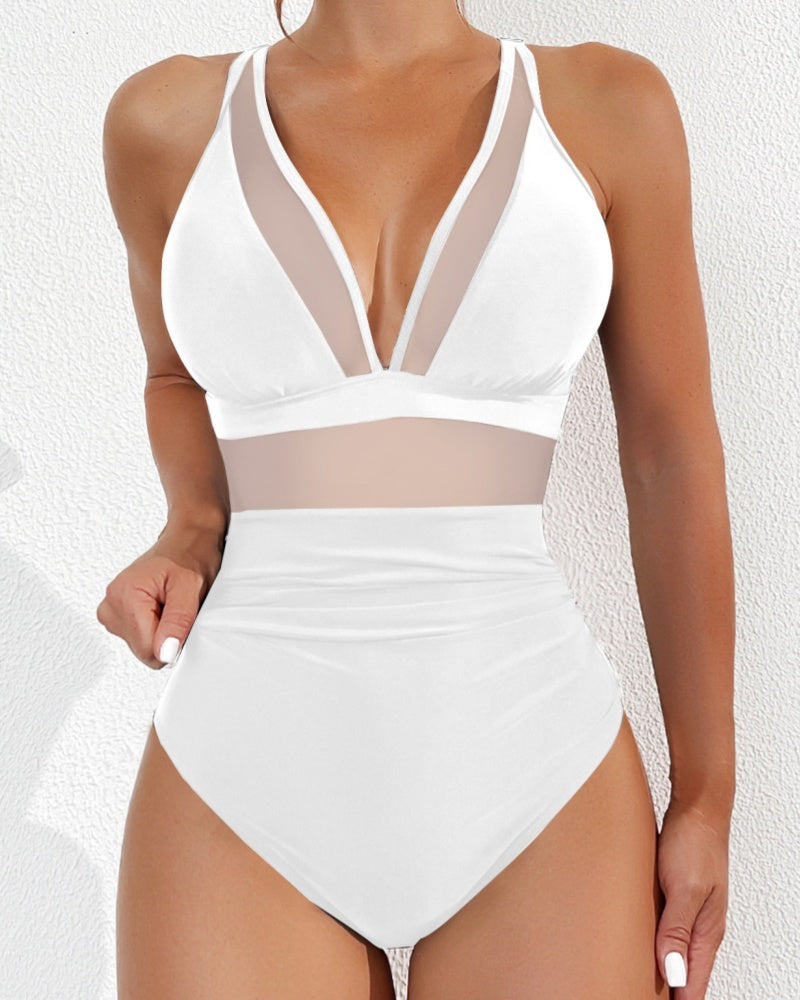 Sexy Deep V Mesh Backless One Piece Shapewear Swimsuit - By Qivii